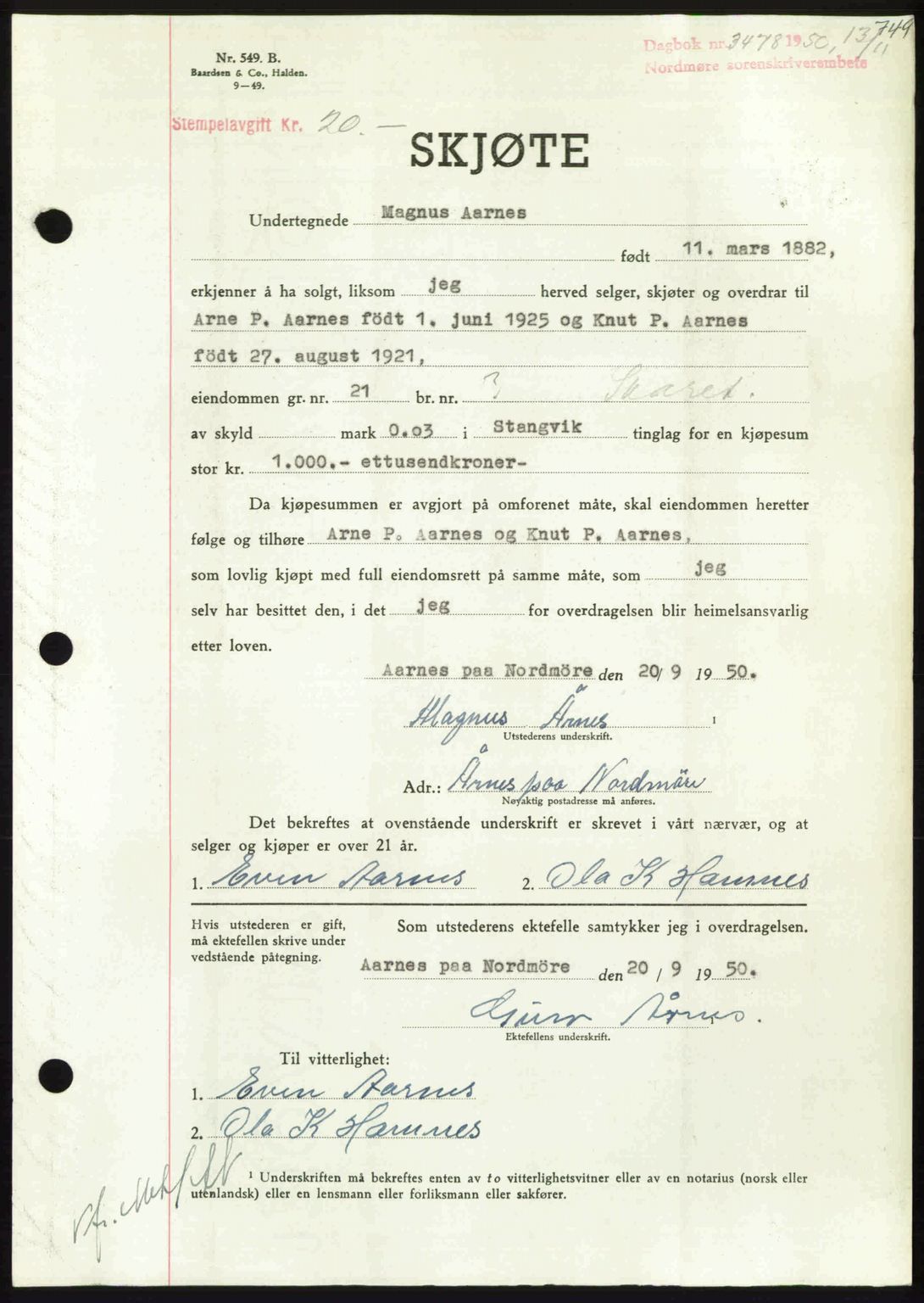 Nordmøre sorenskriveri, AV/SAT-A-4132/1/2/2Ca: Mortgage book no. A116, 1950-1950, Diary no: : 3478/1950