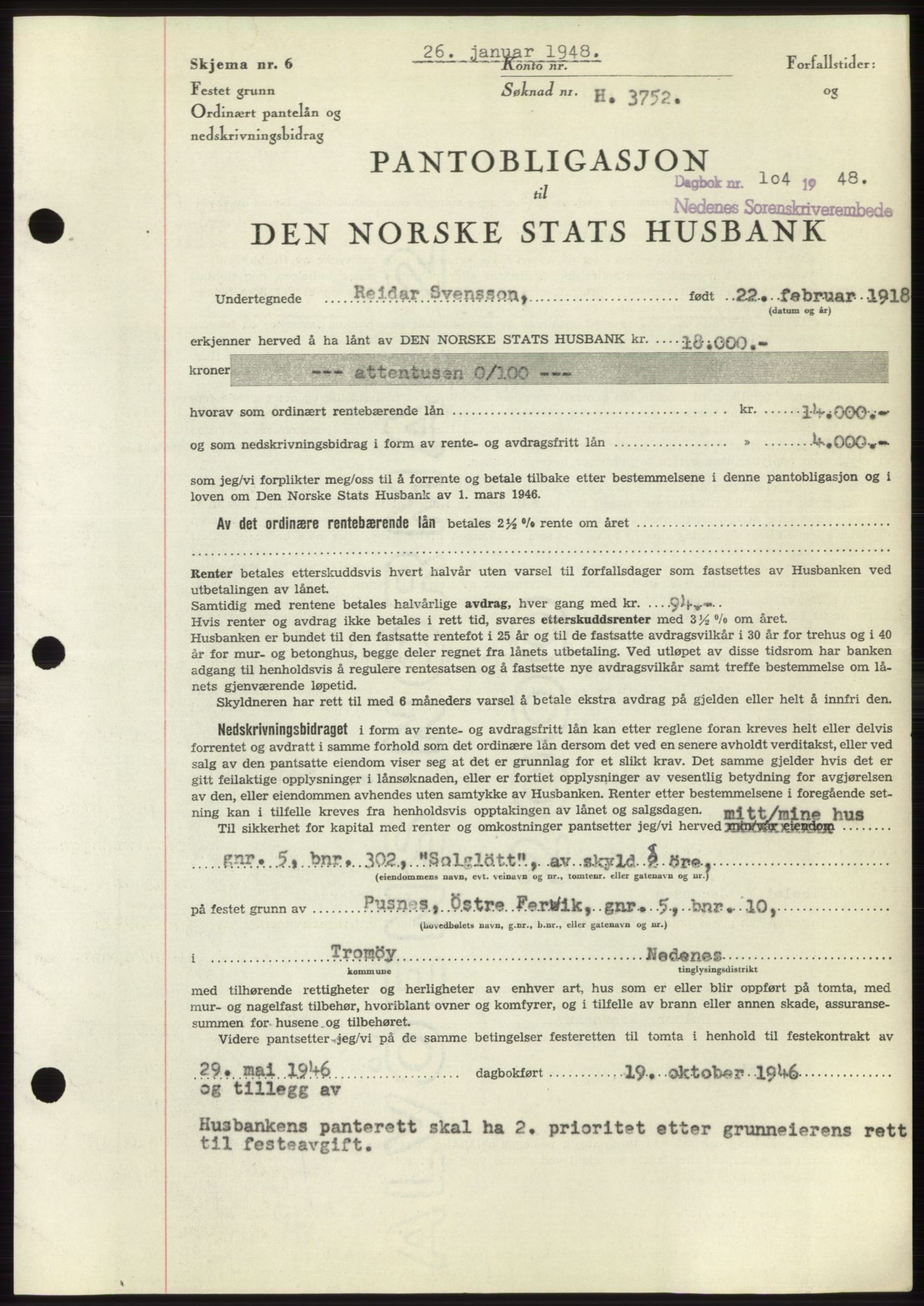 Nedenes sorenskriveri, AV/SAK-1221-0006/G/Gb/Gbb/L0005: Mortgage book no. B5, 1948-1948, Diary no: : 104/1948