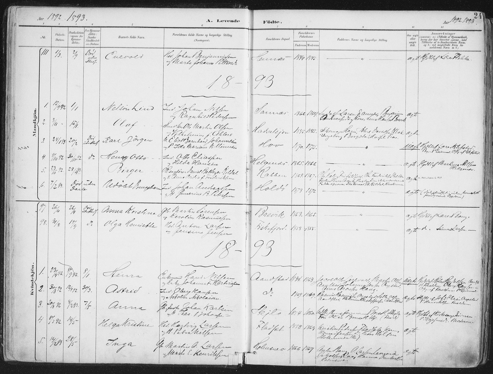 Ministerialprotokoller, klokkerbøker og fødselsregistre - Nordland, SAT/A-1459/888/L1246: Parish register (official) no. 888A12, 1891-1903, p. 24