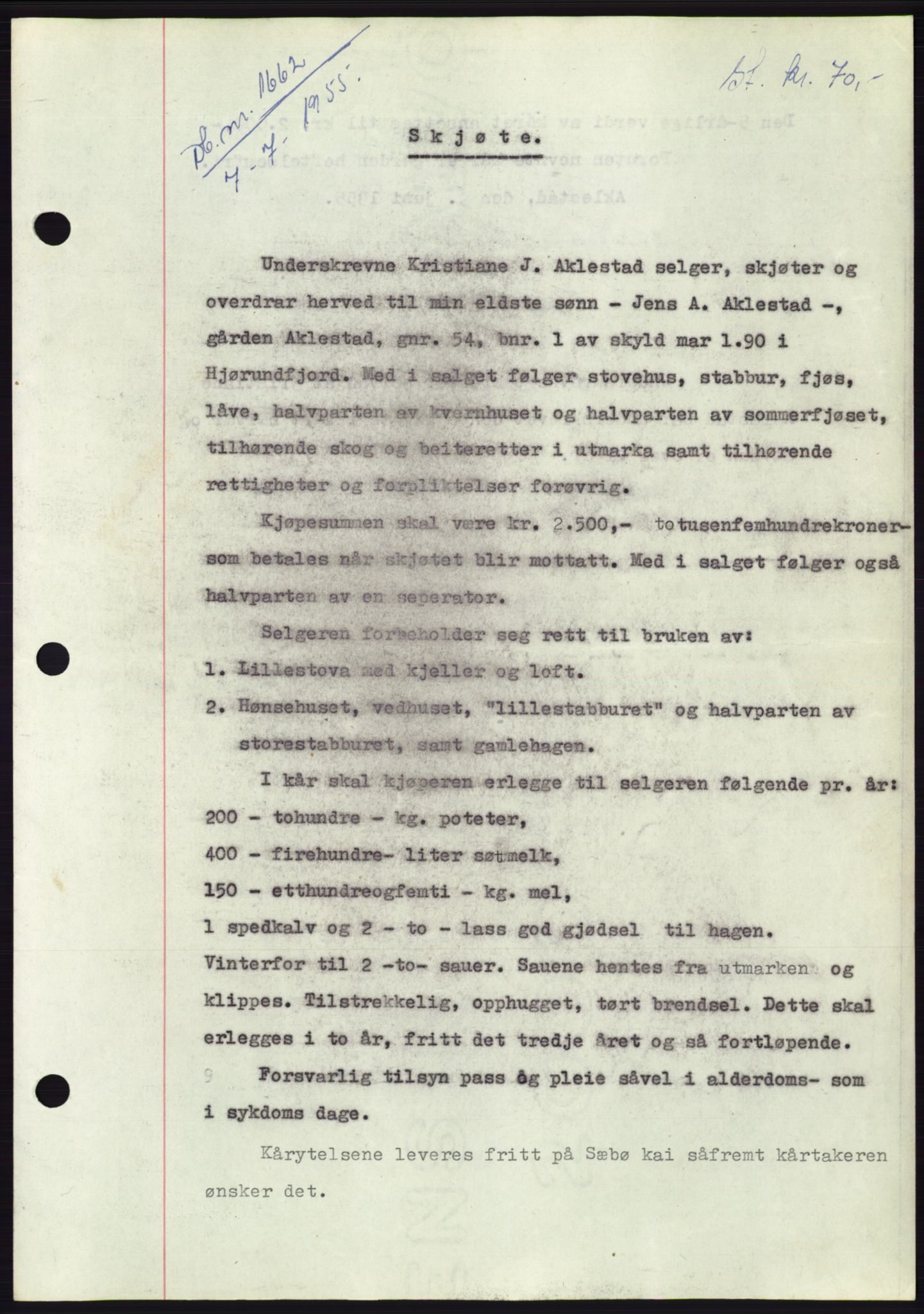 Søre Sunnmøre sorenskriveri, AV/SAT-A-4122/1/2/2C/L0101: Mortgage book no. 27A, 1955-1955, Diary no: : 1662/1955