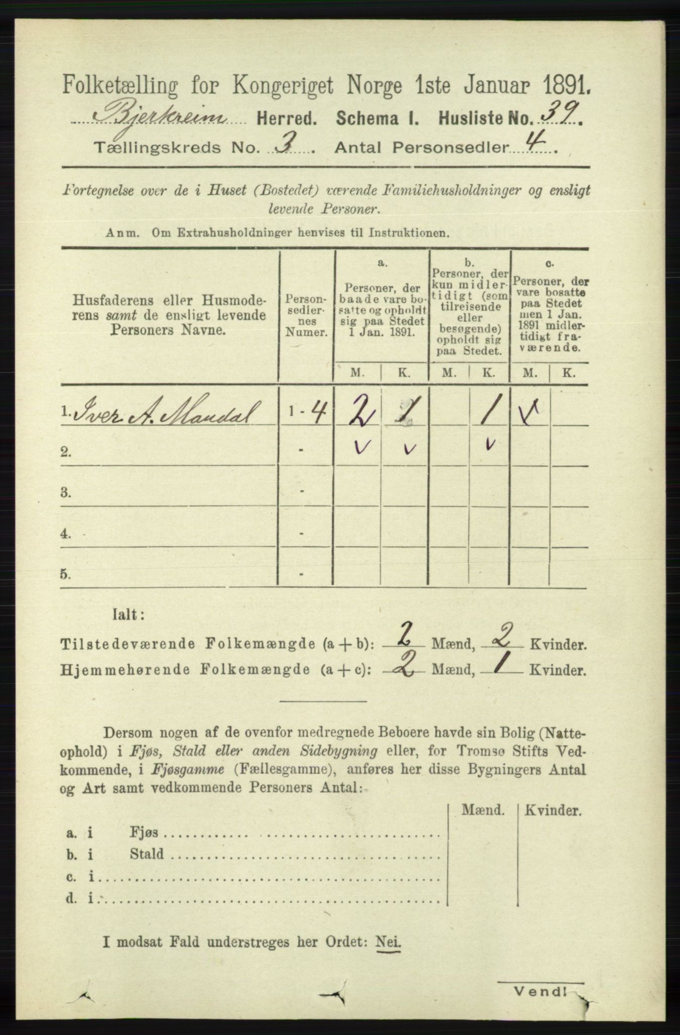 RA, 1891 census for 1114 Bjerkreim, 1891, p. 885