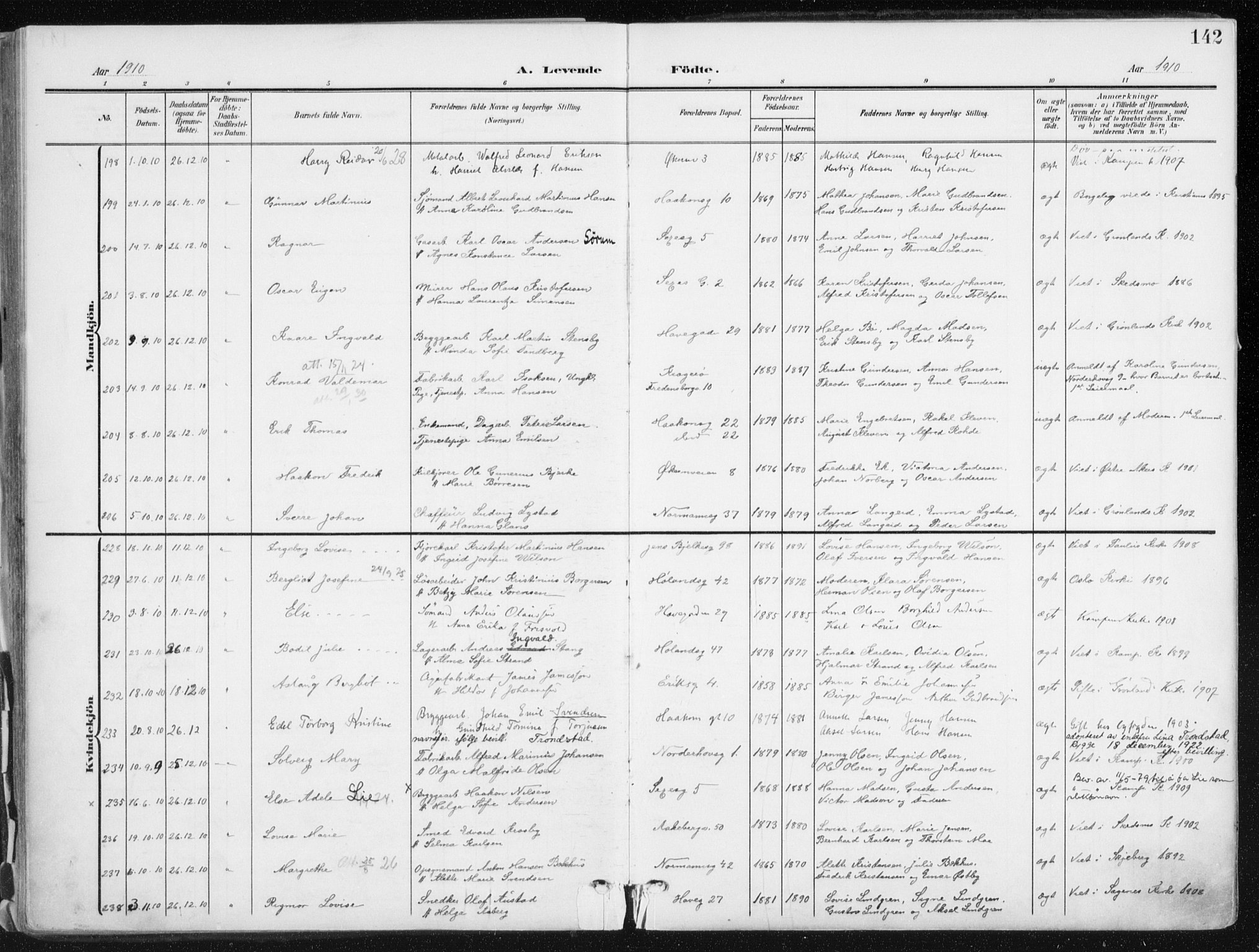 Kampen prestekontor Kirkebøker, SAO/A-10853/F/Fa/L0010: Parish register (official) no. I 10, 1905-1917, p. 142
