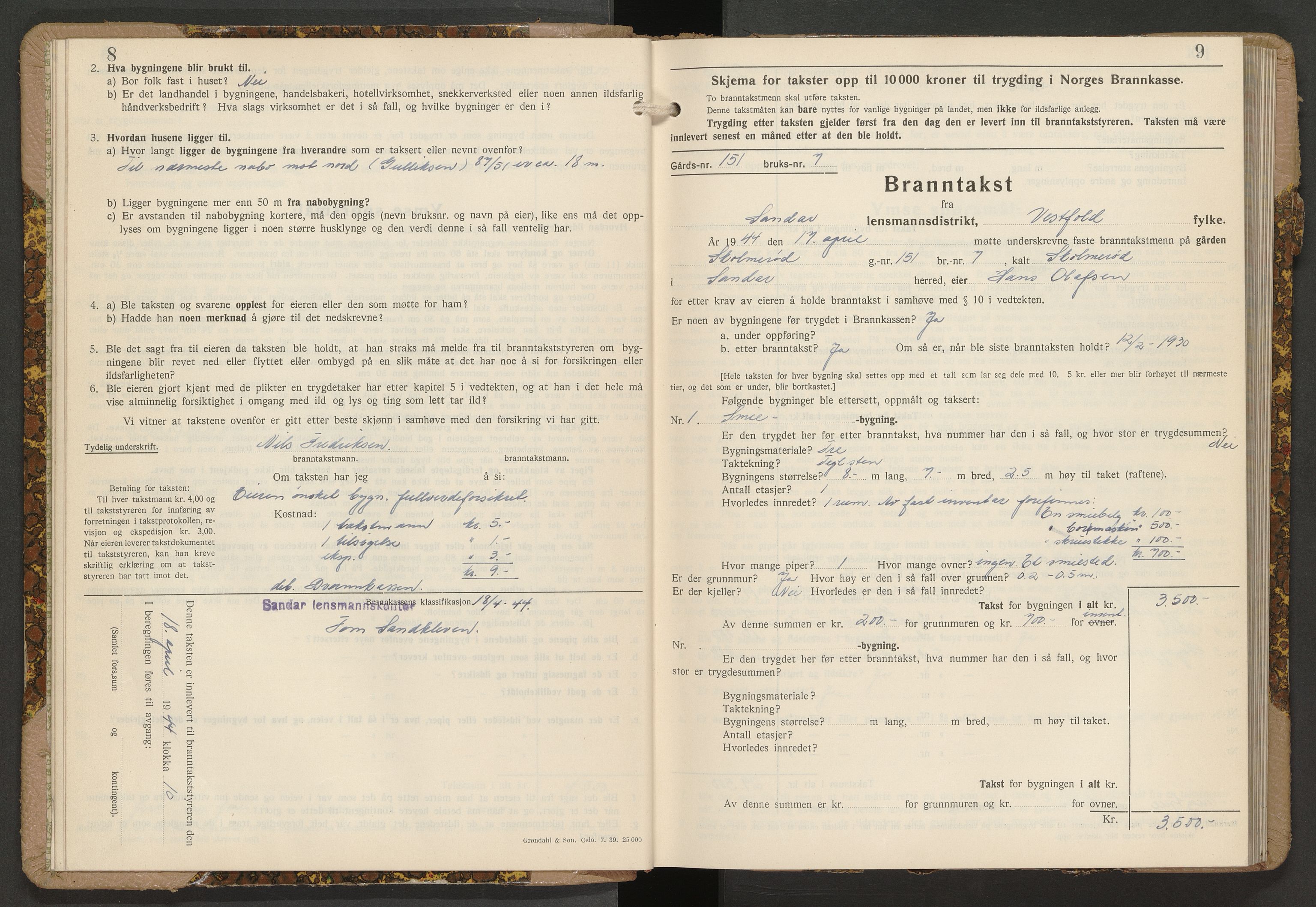 Sandar lensmannskontor, AV/SAKO-A-545/Y/Yc/Ycb/L0008: Skjematakstprotokoll, 1944-1952