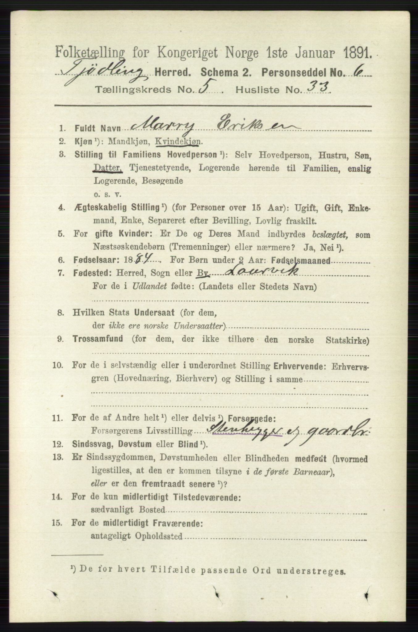 RA, 1891 census for 0725 Tjølling, 1891, p. 2210