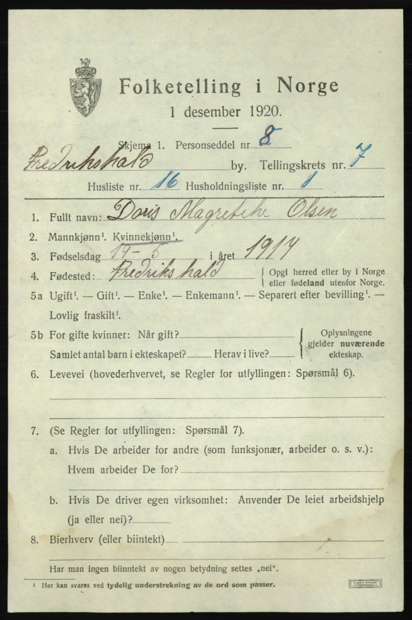 SAO, 1920 census for Fredrikshald, 1920, p. 14198