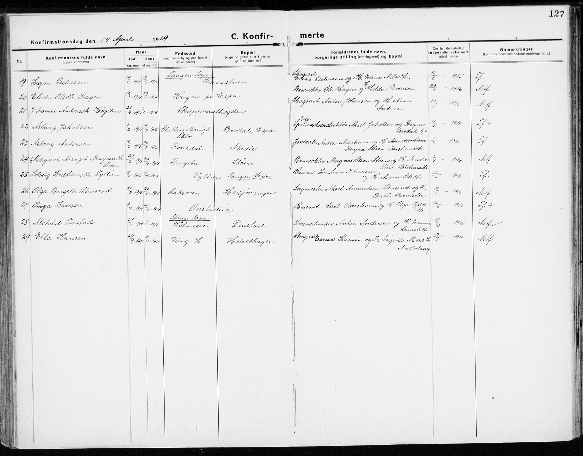 Stange prestekontor, AV/SAH-PREST-002/K/L0025: Parish register (official) no. 25, 1921-1945, p. 127