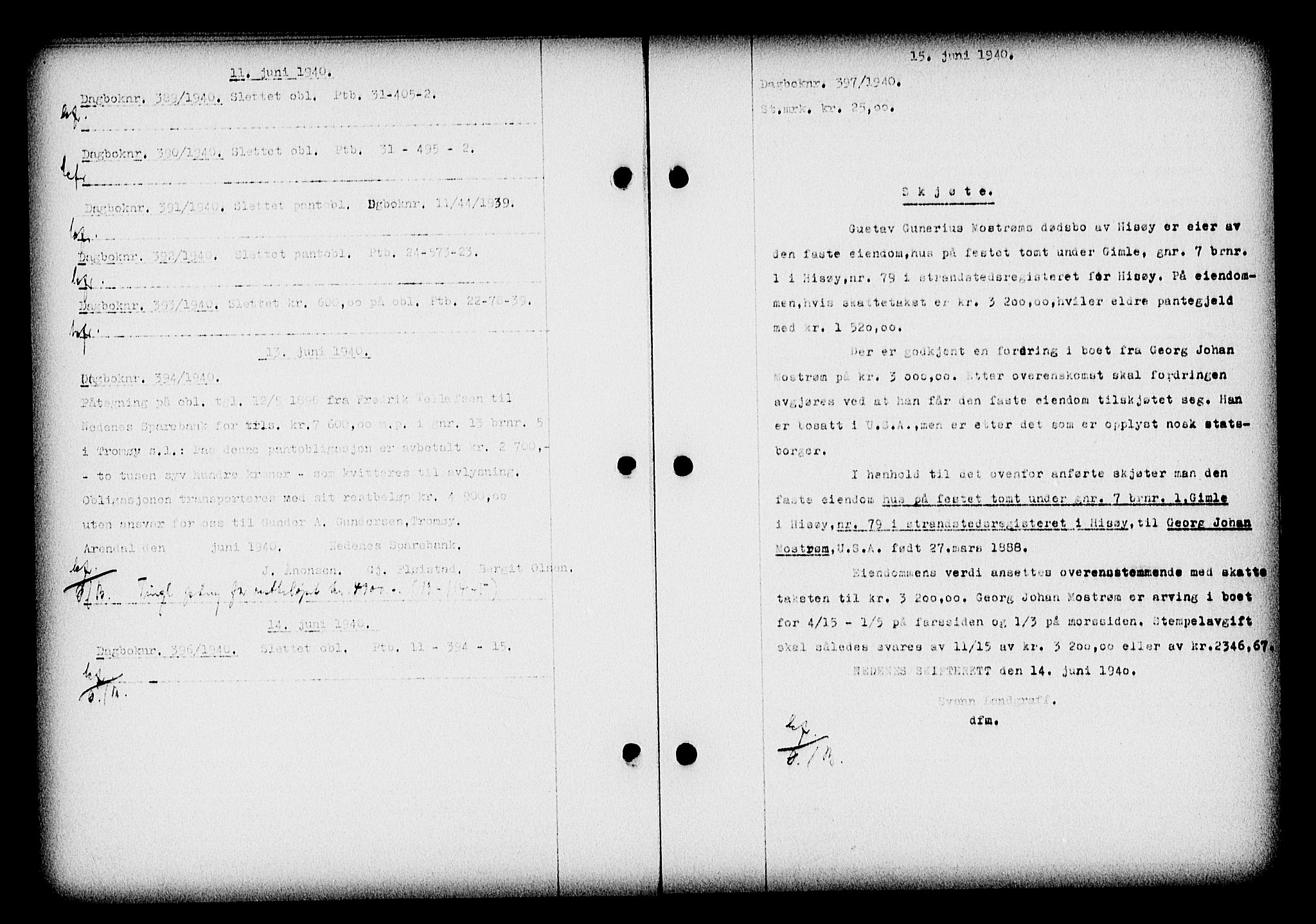 Nedenes sorenskriveri, AV/SAK-1221-0006/G/Gb/Gba/L0047: Mortgage book no. A-I, 1939-1940, Diary no: : 397/1940