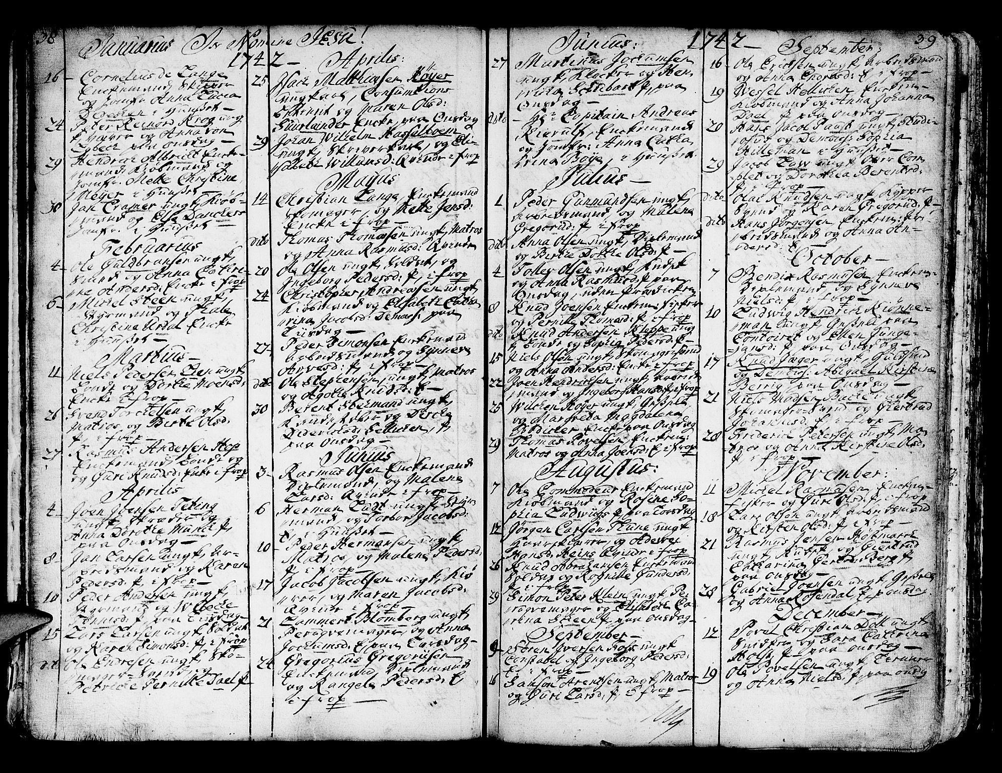 Domkirken sokneprestembete, AV/SAB-A-74801/H/Haa/L0007: Parish register (official) no. A 7, 1725-1826, p. 38-39