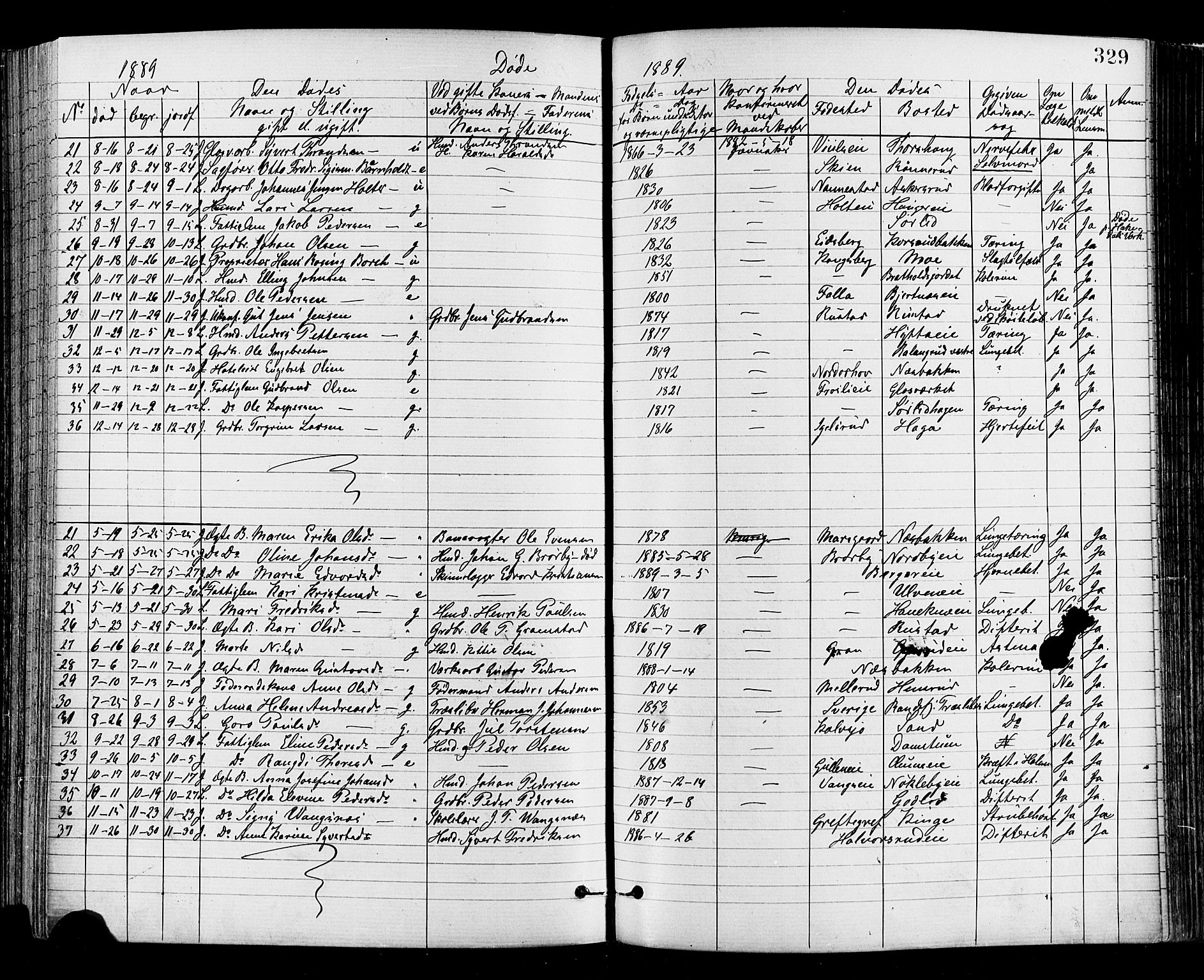 Jevnaker prestekontor, SAH/PREST-116/H/Ha/Haa/L0008: Parish register (official) no. 8, 1877-1890, p. 329