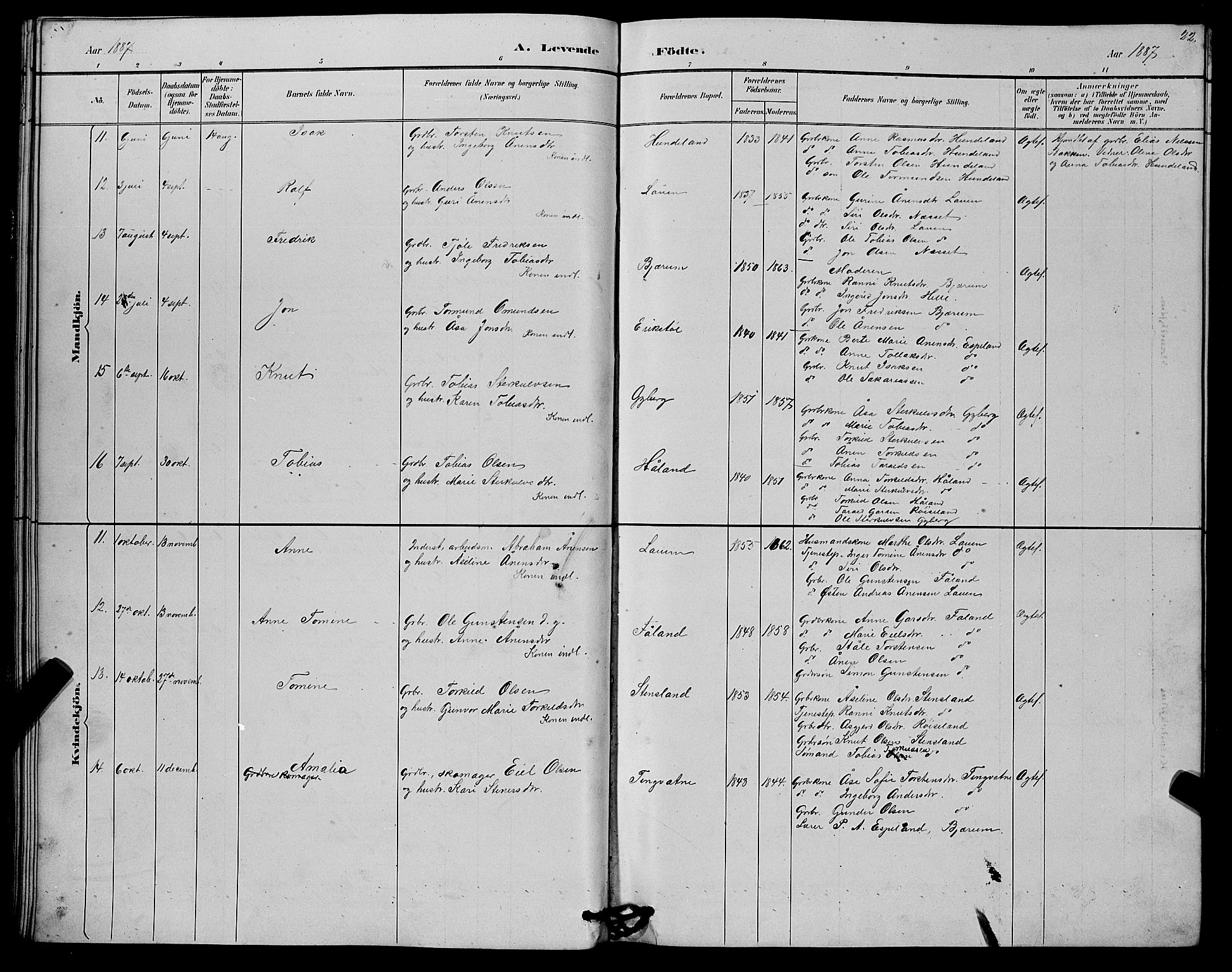 Hægebostad sokneprestkontor, AV/SAK-1111-0024/F/Fb/Fba/L0003: Parish register (copy) no. B 3, 1883-1896, p. 22