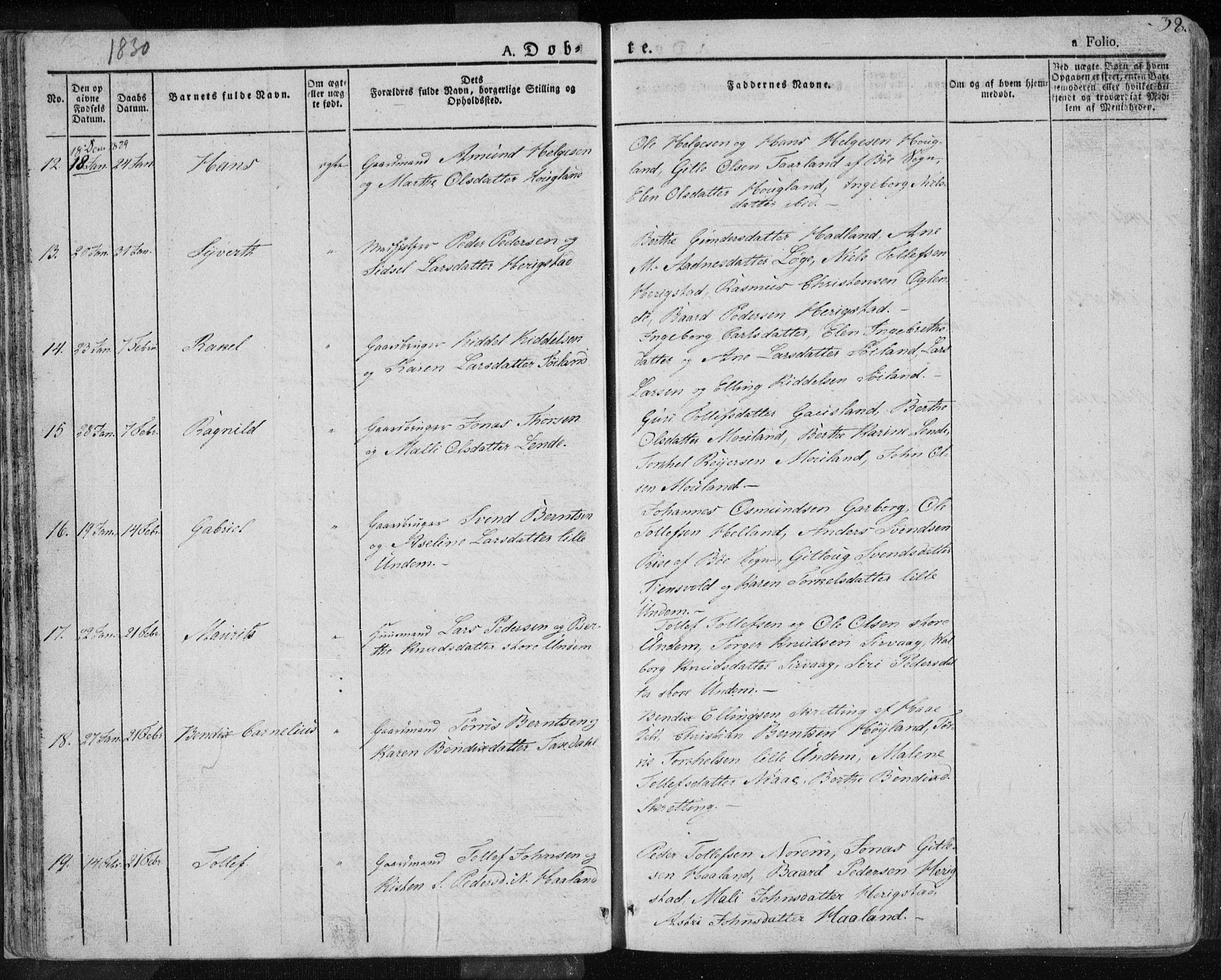 Lye sokneprestkontor, AV/SAST-A-101794/001/30BA/L0004: Parish register (official) no. A 4, 1826-1841, p. 38