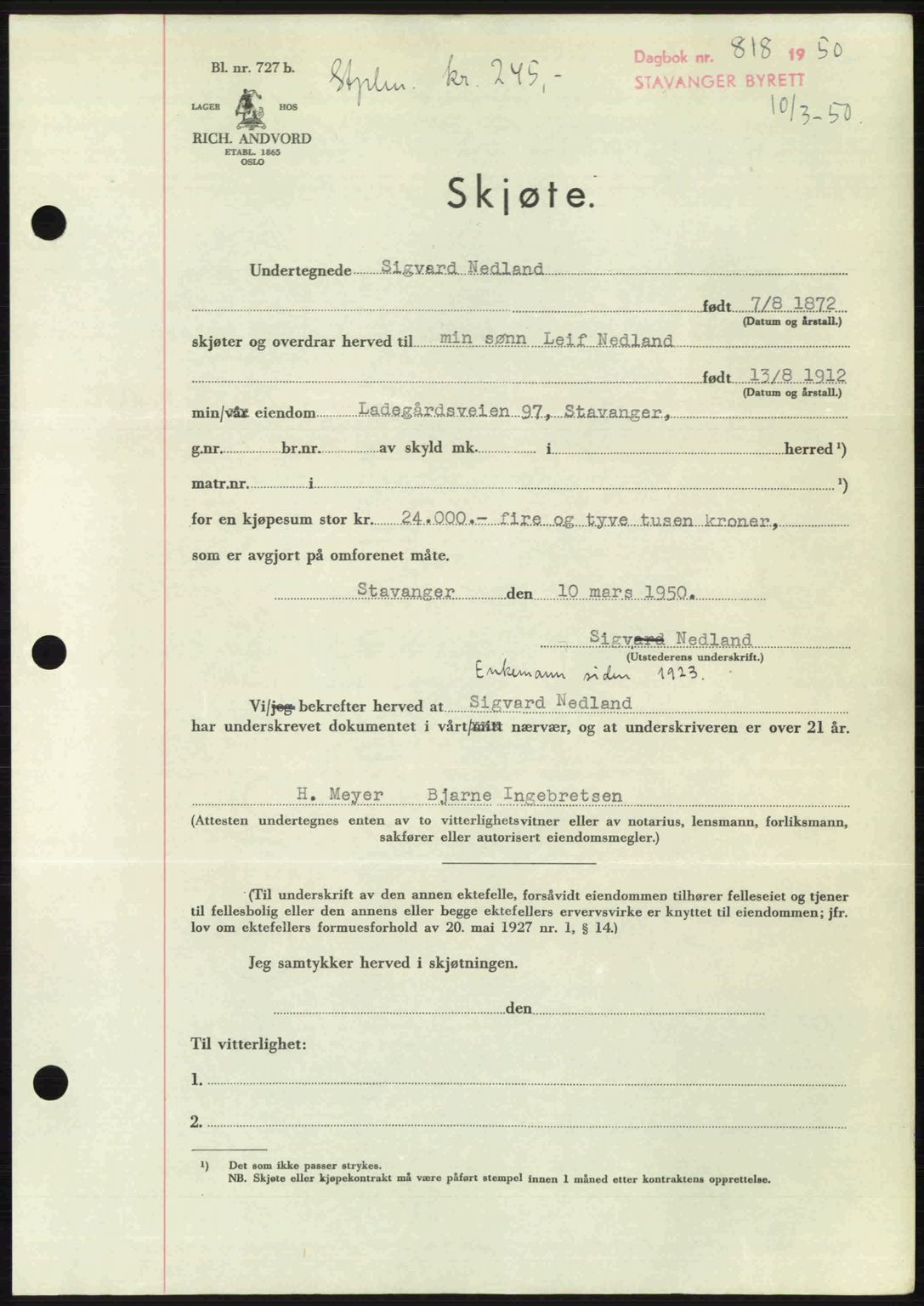 Stavanger byrett, SAST/A-100455/002/G/Gb/L0024: Mortgage book no. A13, 1949-1950, Diary no: : 818/1950