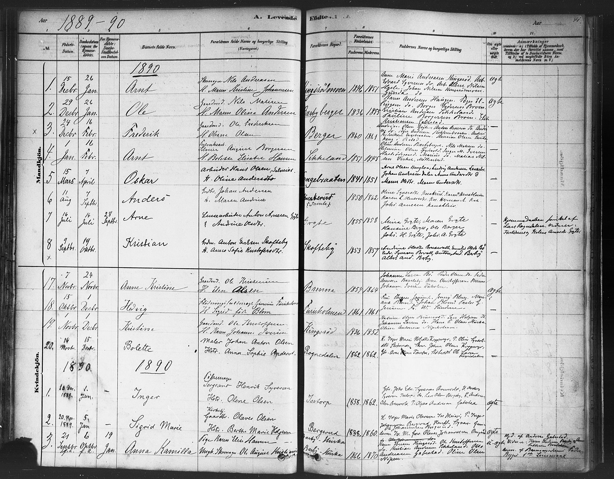 Varteig prestekontor Kirkebøker, SAO/A-10447a/F/Fa/L0002: Parish register (official) no. 2, 1878-1899, p. 41