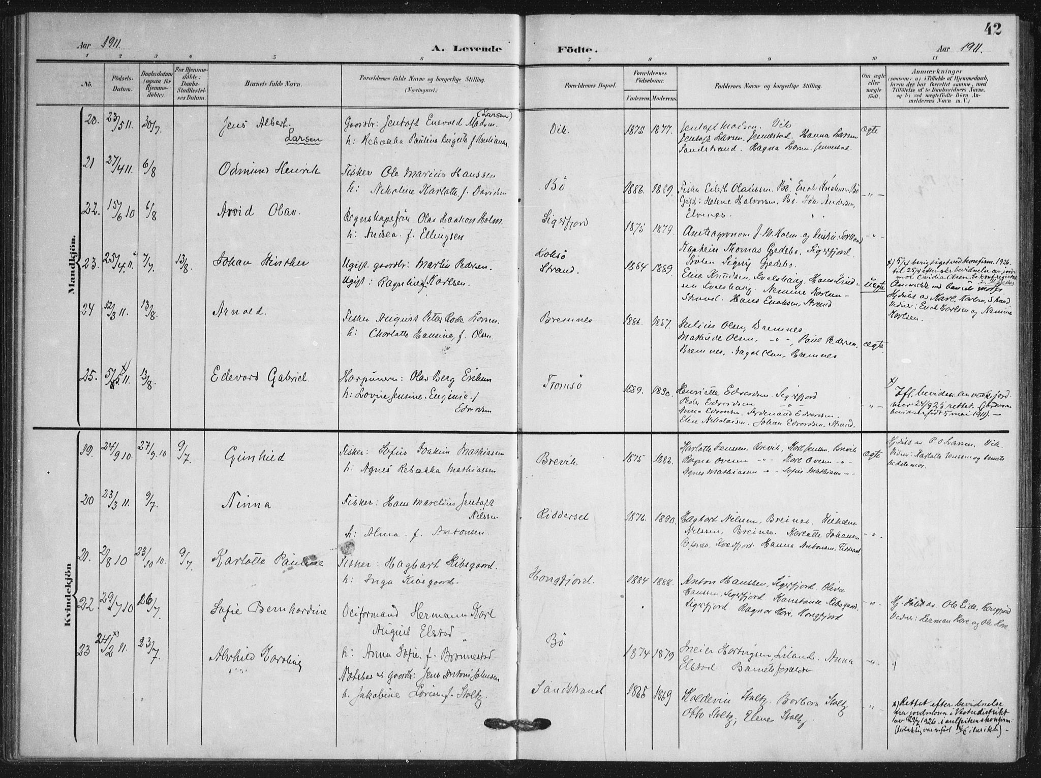 Ministerialprotokoller, klokkerbøker og fødselsregistre - Nordland, AV/SAT-A-1459/895/L1373: Parish register (official) no. 895A08, 1905-1915, p. 42