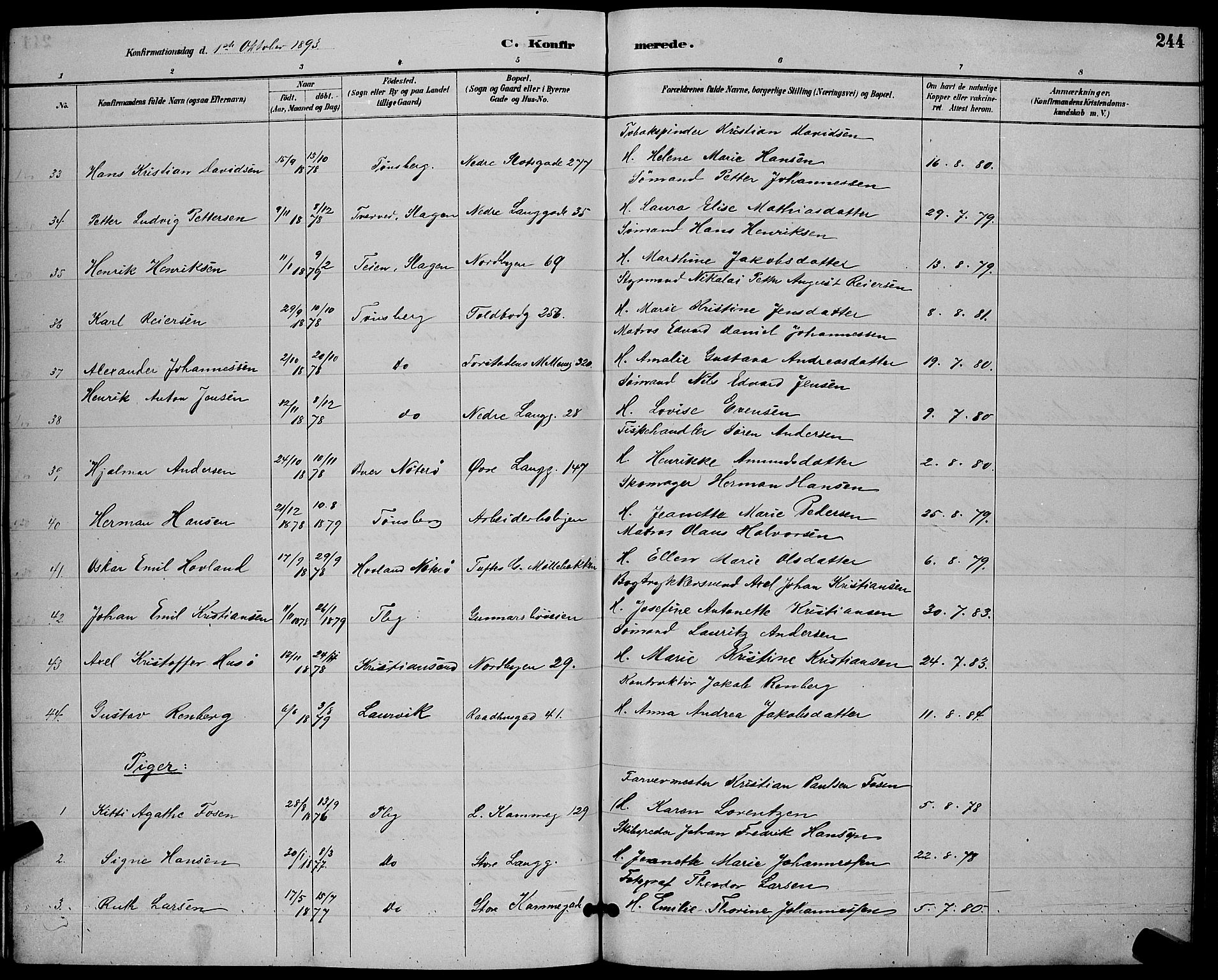 Tønsberg kirkebøker, AV/SAKO-A-330/G/Ga/L0006: Parish register (copy) no. 6, 1885-1895, p. 244