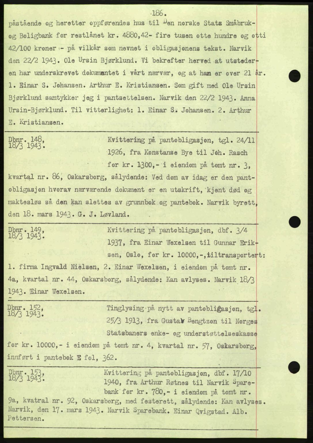 Narvik sorenskriveri, AV/SAT-A-0002/1/2/2C/2Ca: Mortgage book no. A18, 1941-1951, Diary no: : 148/1943