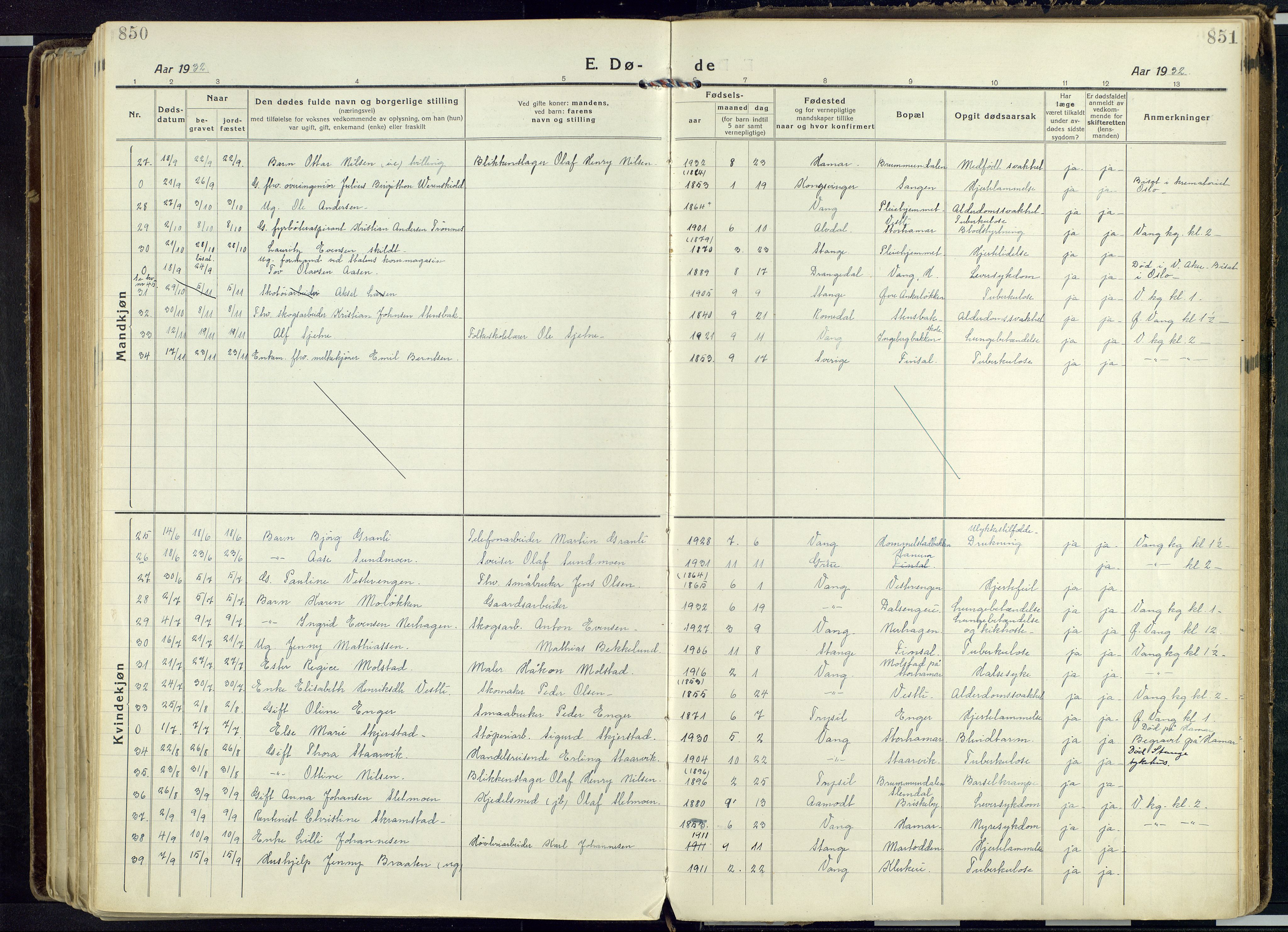 Vang prestekontor, Hedmark, AV/SAH-PREST-008/H/Ha/Haa/L0022: Parish register (official) no. 22, 1918-1944, p. 850-851