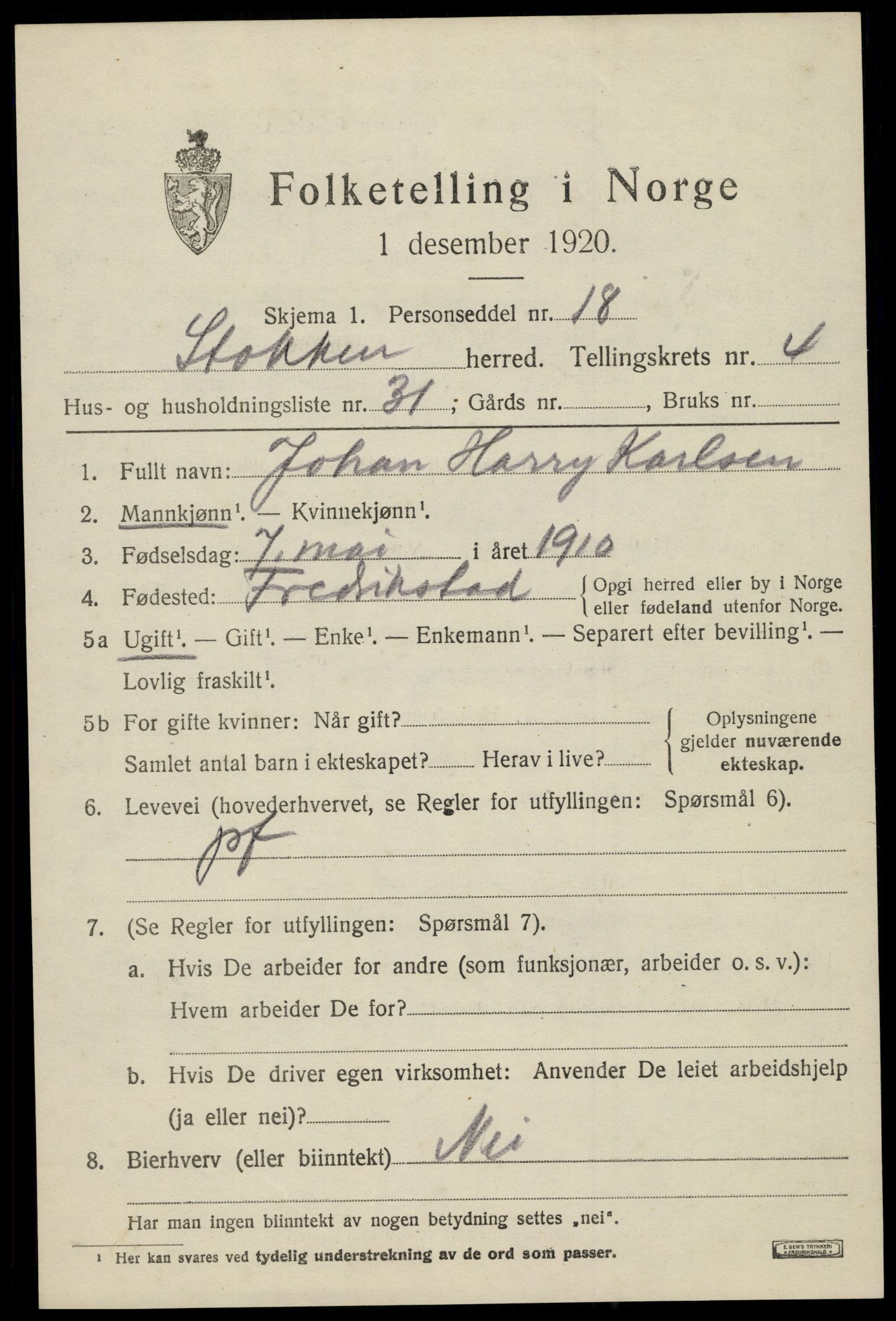 SAK, 1920 census for Stokken, 1920, p. 3102