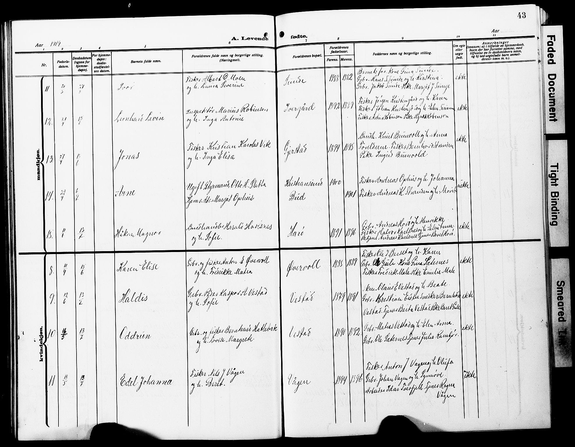 Ministerialprotokoller, klokkerbøker og fødselsregistre - Møre og Romsdal, SAT/A-1454/566/L0774: Parish register (copy) no. 566C03, 1910-1929, p. 43