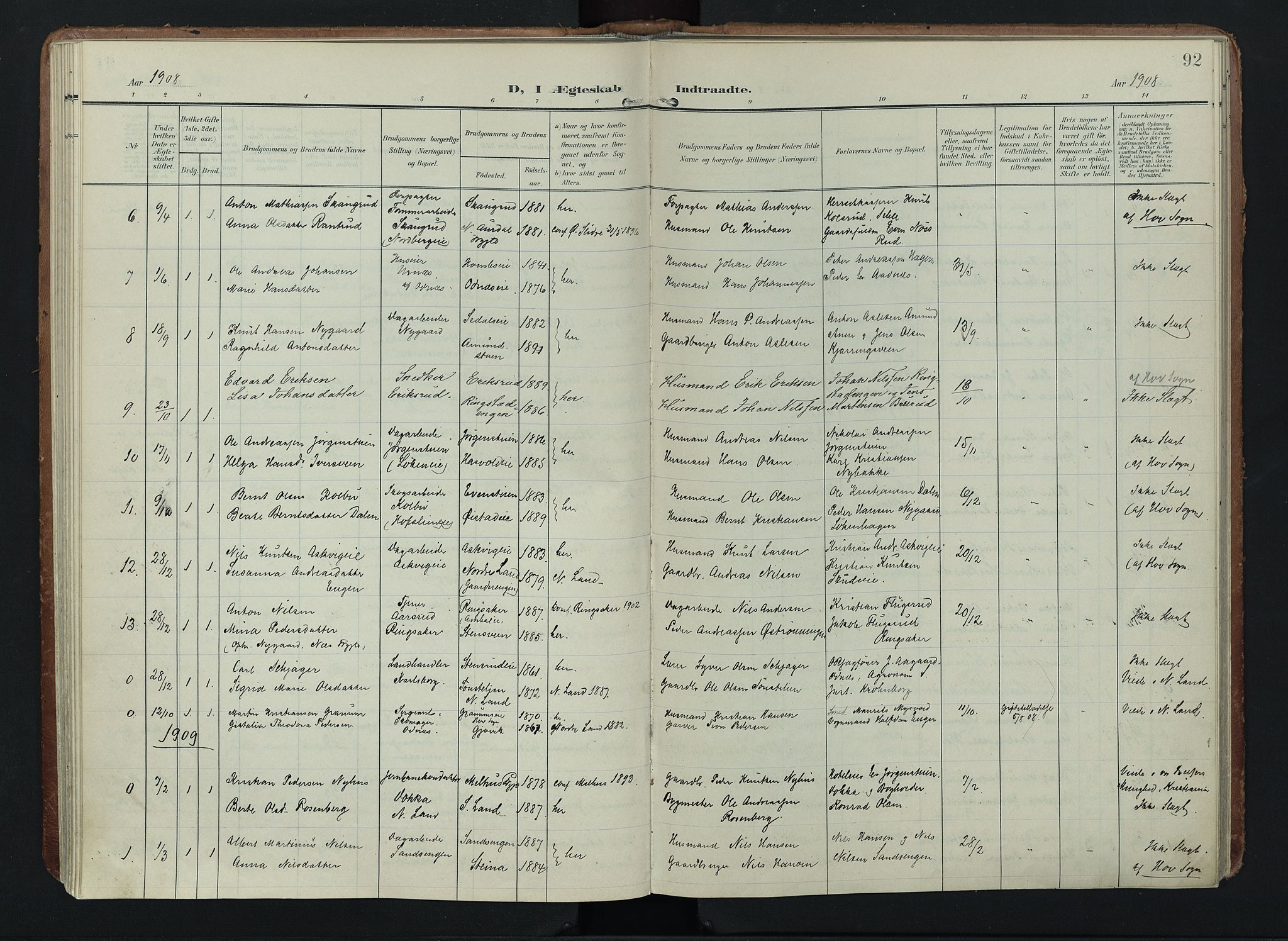 Søndre Land prestekontor, SAH/PREST-122/K/L0005: Parish register (official) no. 5, 1905-1914, p. 92