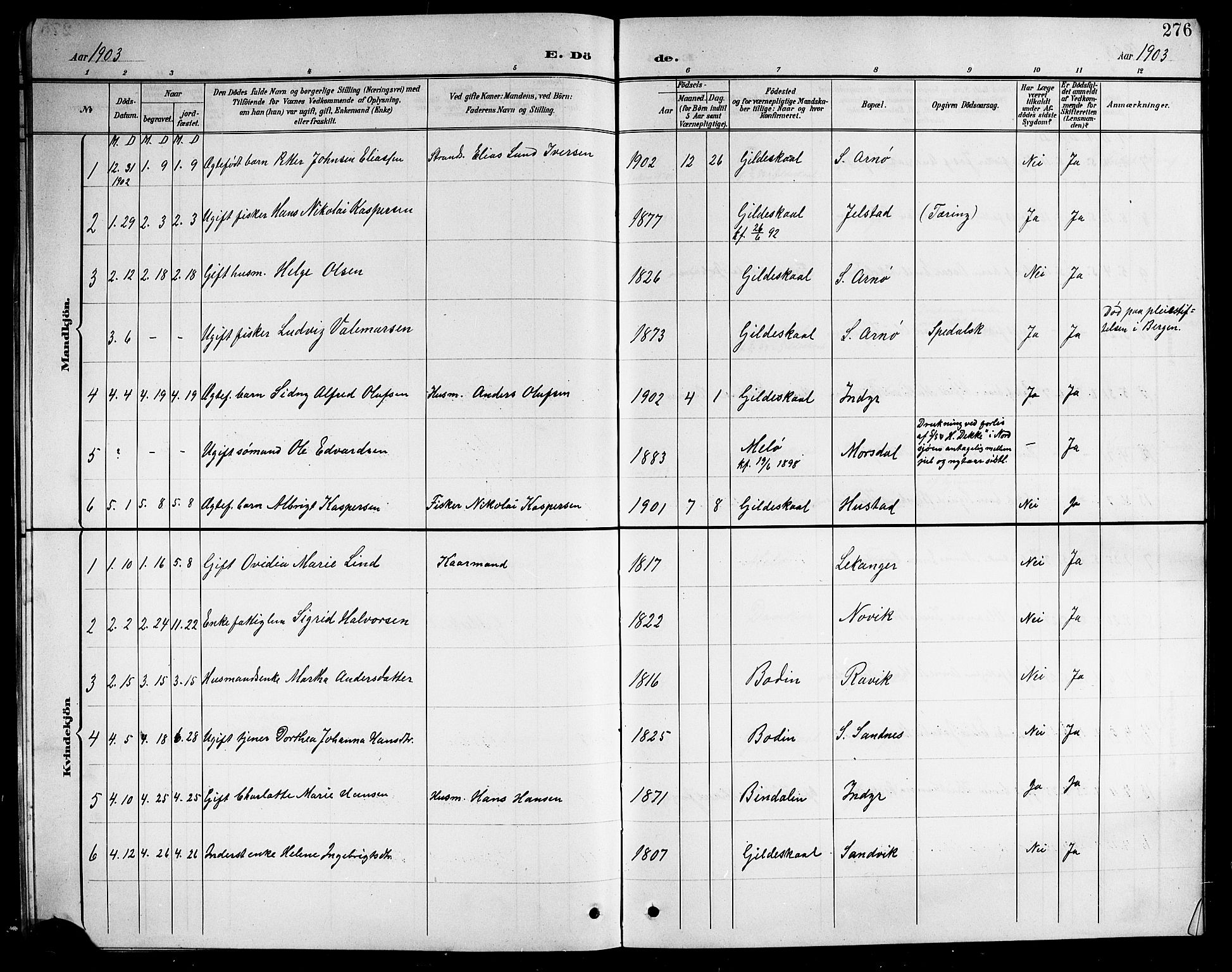 Ministerialprotokoller, klokkerbøker og fødselsregistre - Nordland, AV/SAT-A-1459/805/L0109: Parish register (copy) no. 805C05, 1900-1911, p. 276