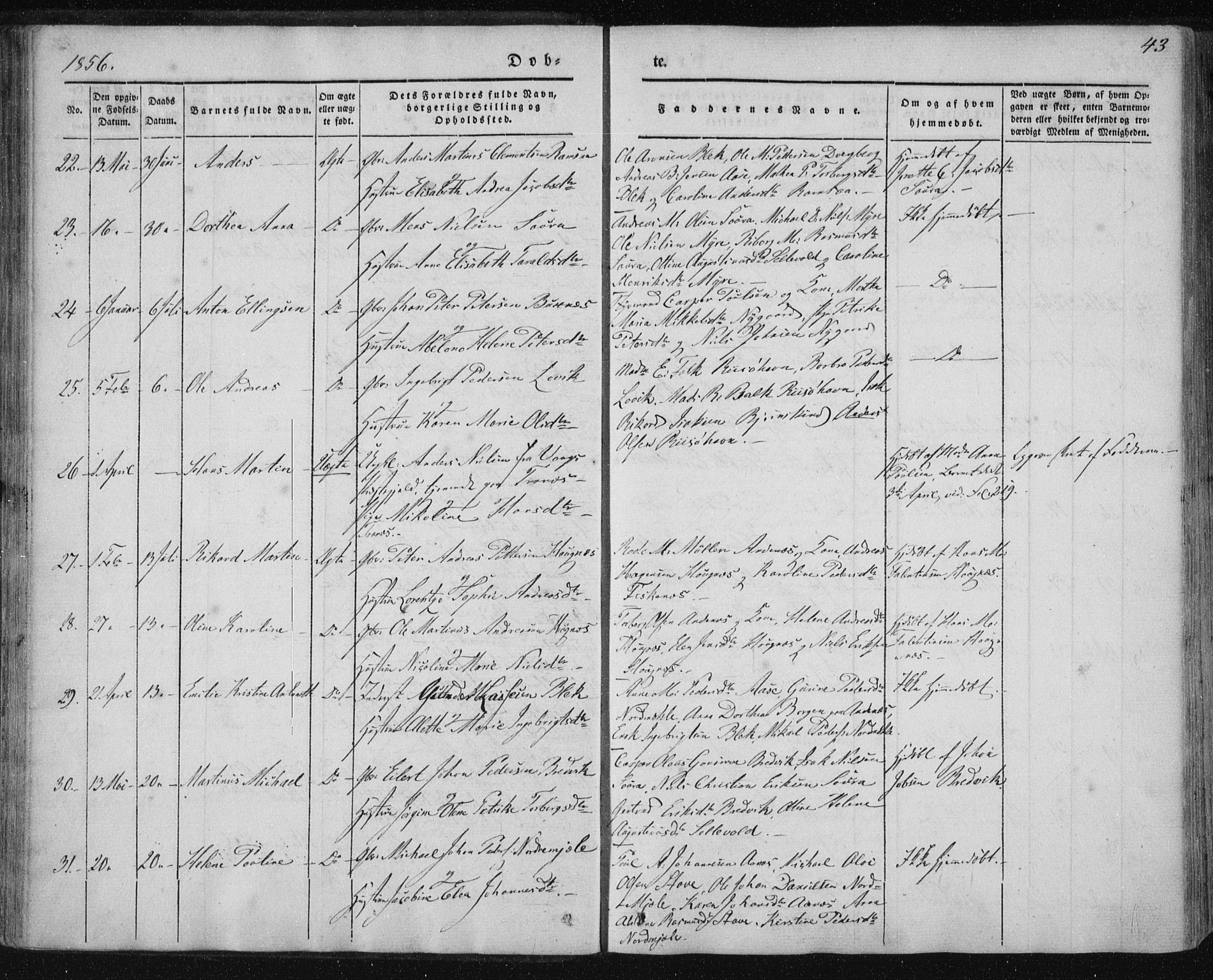 Ministerialprotokoller, klokkerbøker og fødselsregistre - Nordland, AV/SAT-A-1459/897/L1396: Parish register (official) no. 897A04, 1842-1866, p. 43