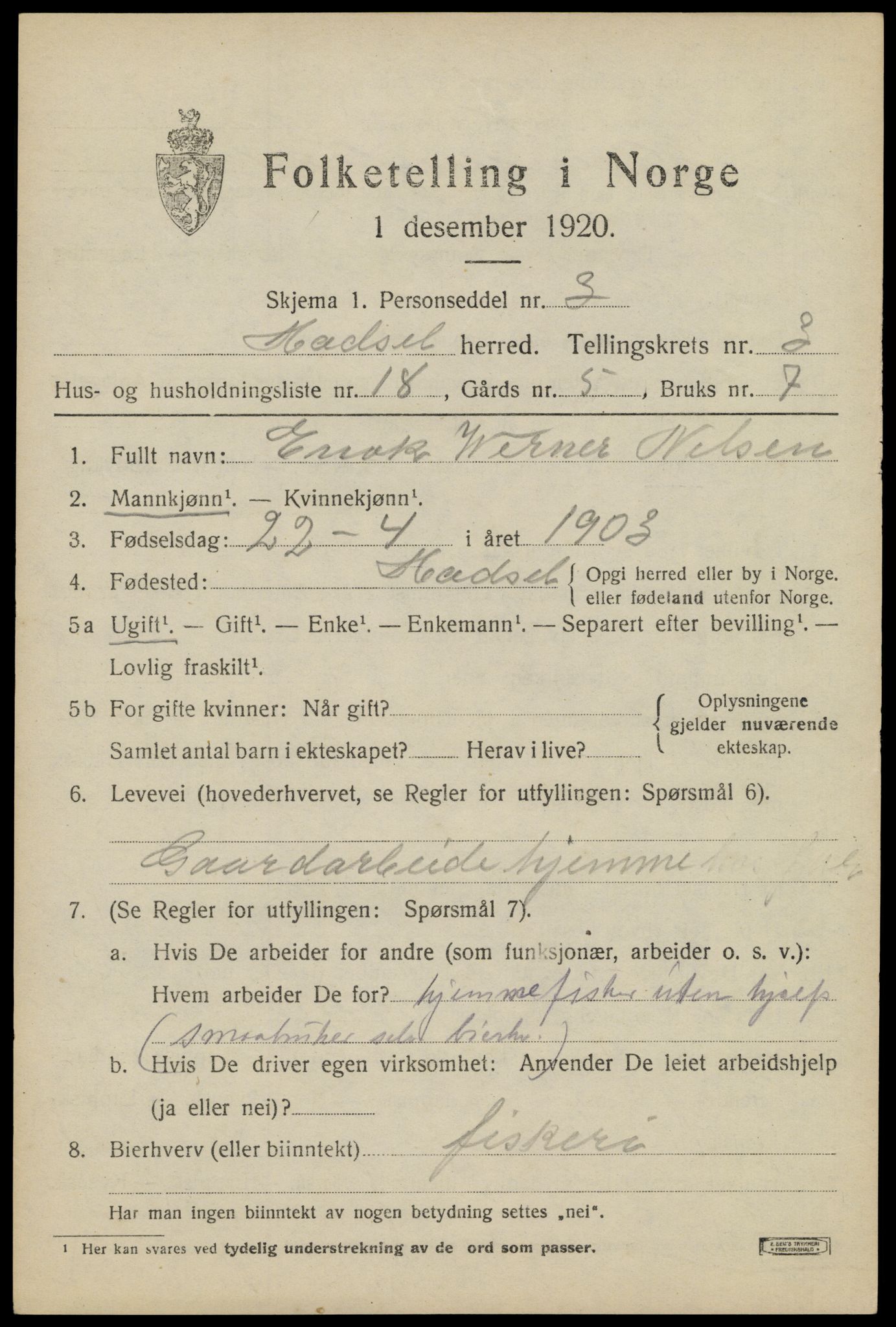 SAT, 1920 census for Hadsel, 1920, p. 5258