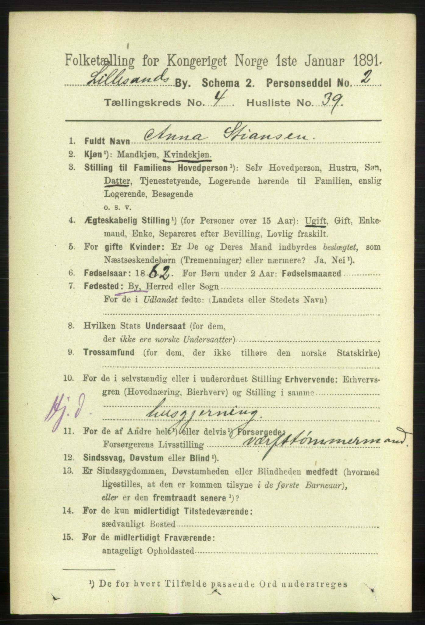 RA, 1891 census for 0905 Lillesand, 1891, p. 1370
