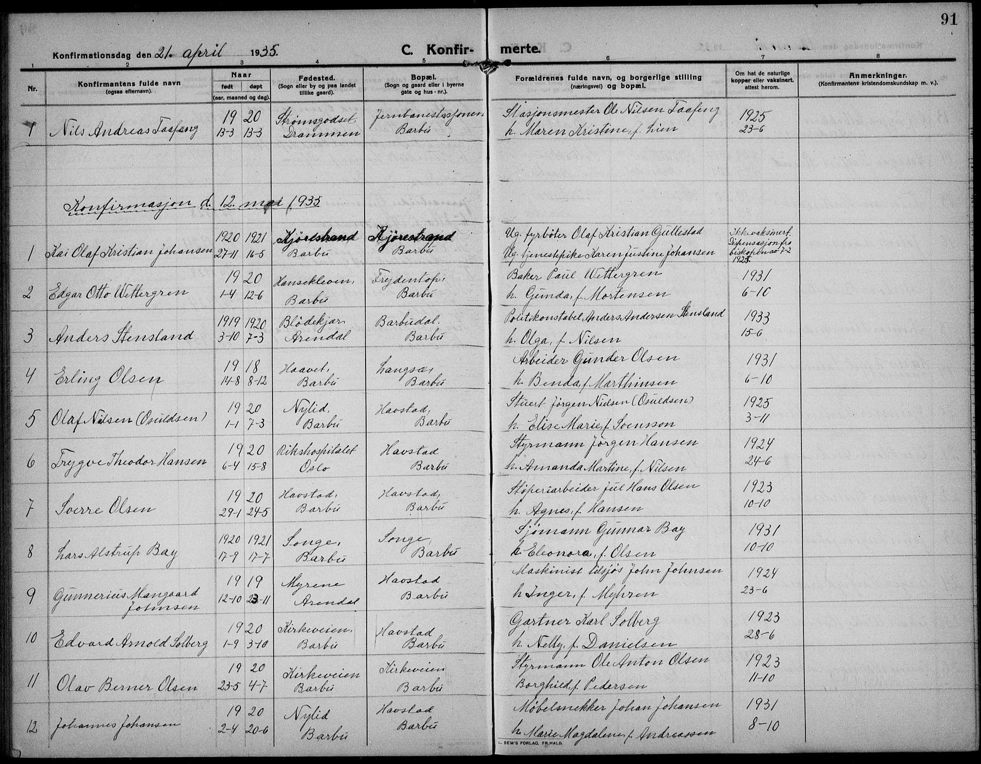 Barbu sokneprestkontor, SAK/1111-0003/F/Fb/L0004: Parish register (copy) no. B 4, 1911-1936, p. 91