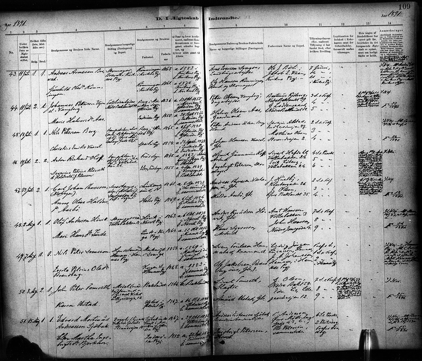 Ministerialprotokoller, klokkerbøker og fødselsregistre - Sør-Trøndelag, AV/SAT-A-1456/604/L0189: Parish register (official) no. 604A10, 1878-1892, p. 109