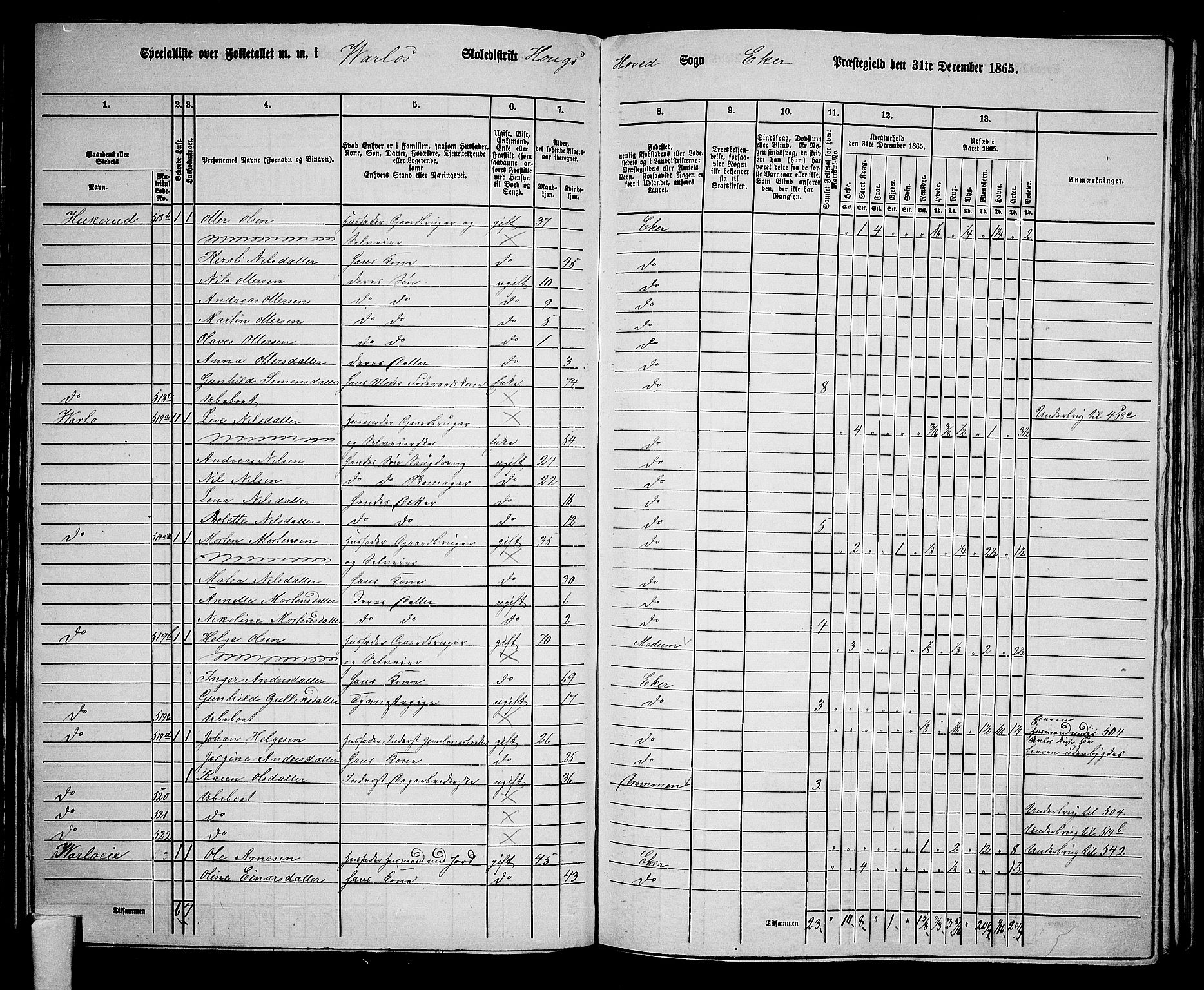 RA, 1865 census for Eiker, 1865, p. 140