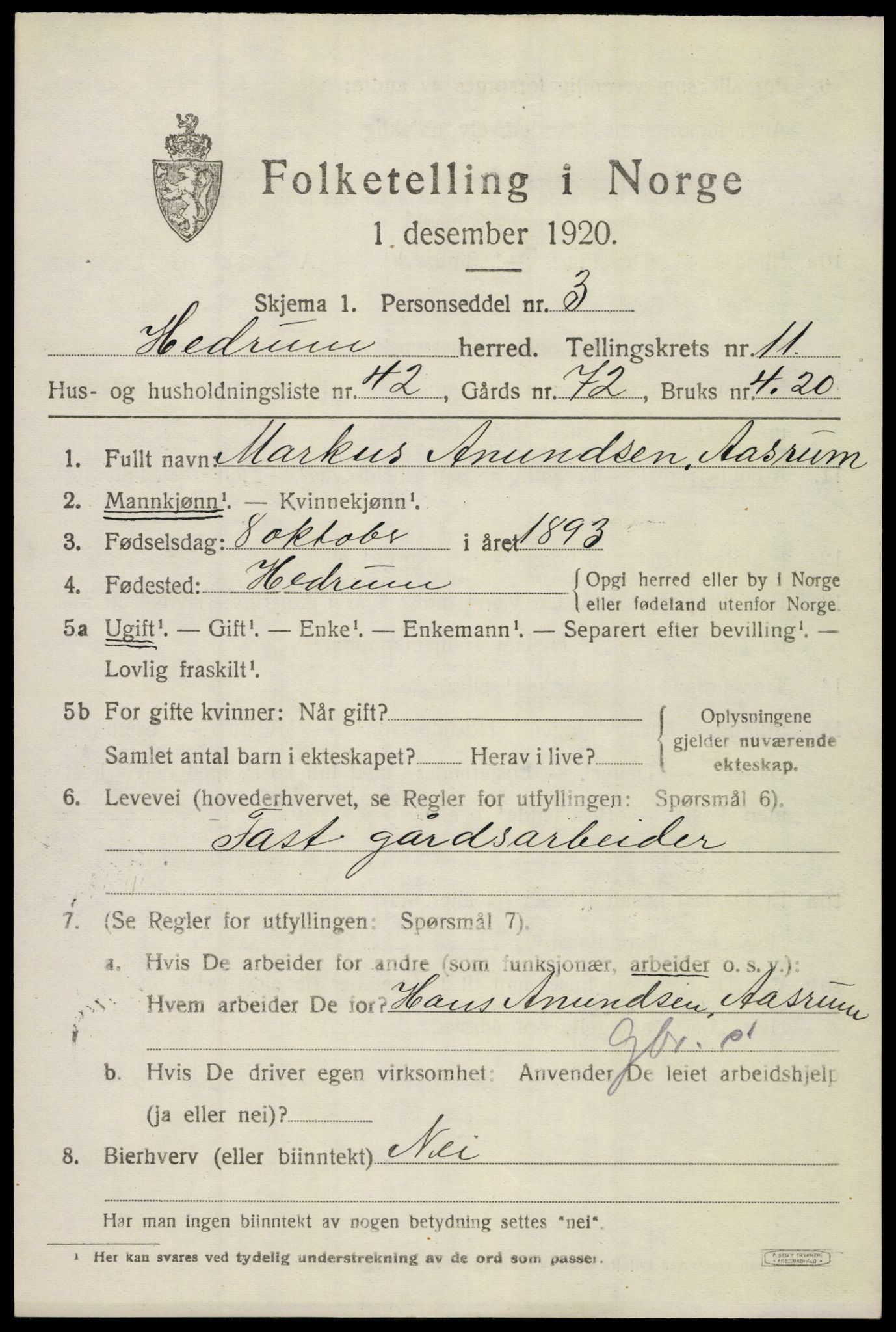 SAKO, 1920 census for Hedrum, 1920, p. 8015