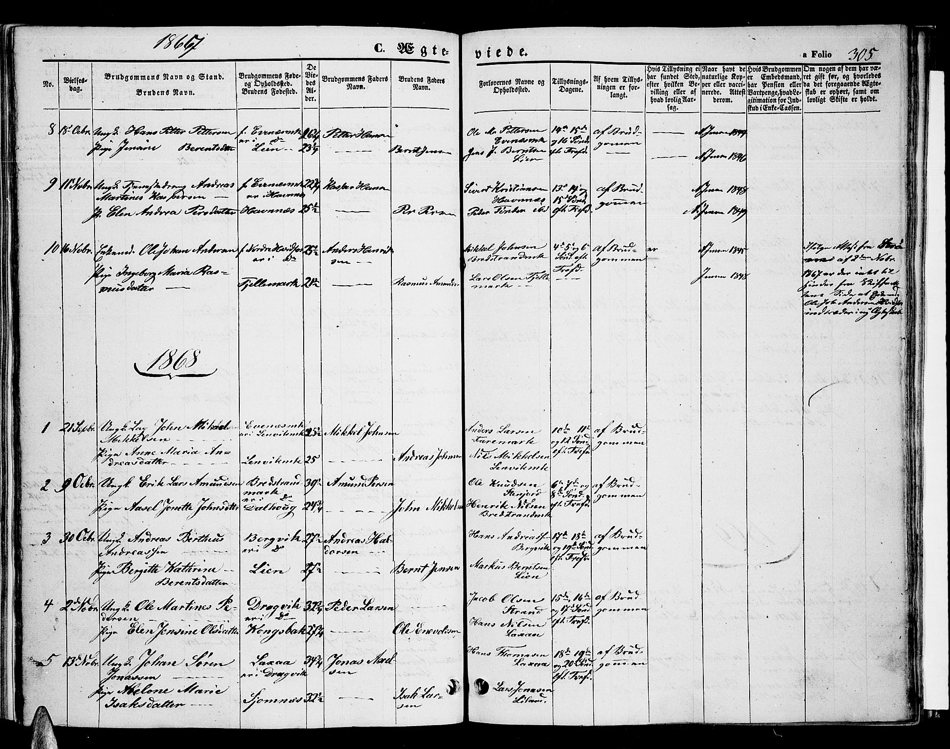 Ministerialprotokoller, klokkerbøker og fødselsregistre - Nordland, AV/SAT-A-1459/863/L0912: Parish register (copy) no. 863C02, 1858-1876, p. 305