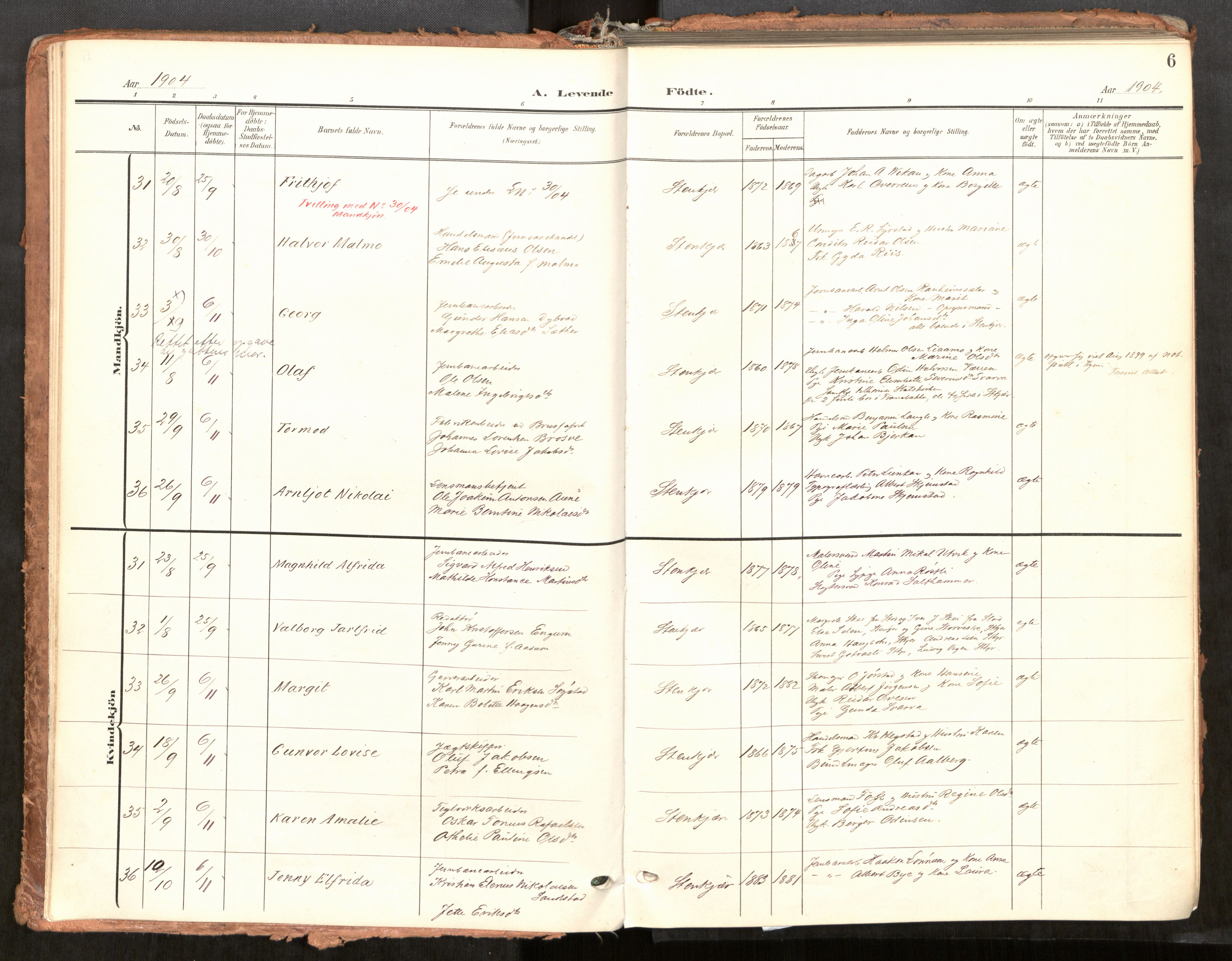 Steinkjer sokneprestkontor, AV/SAT-A-1541/01/H/Ha/Haa/L0001: Parish register (official) no. 1, 1904-1912, p. 6