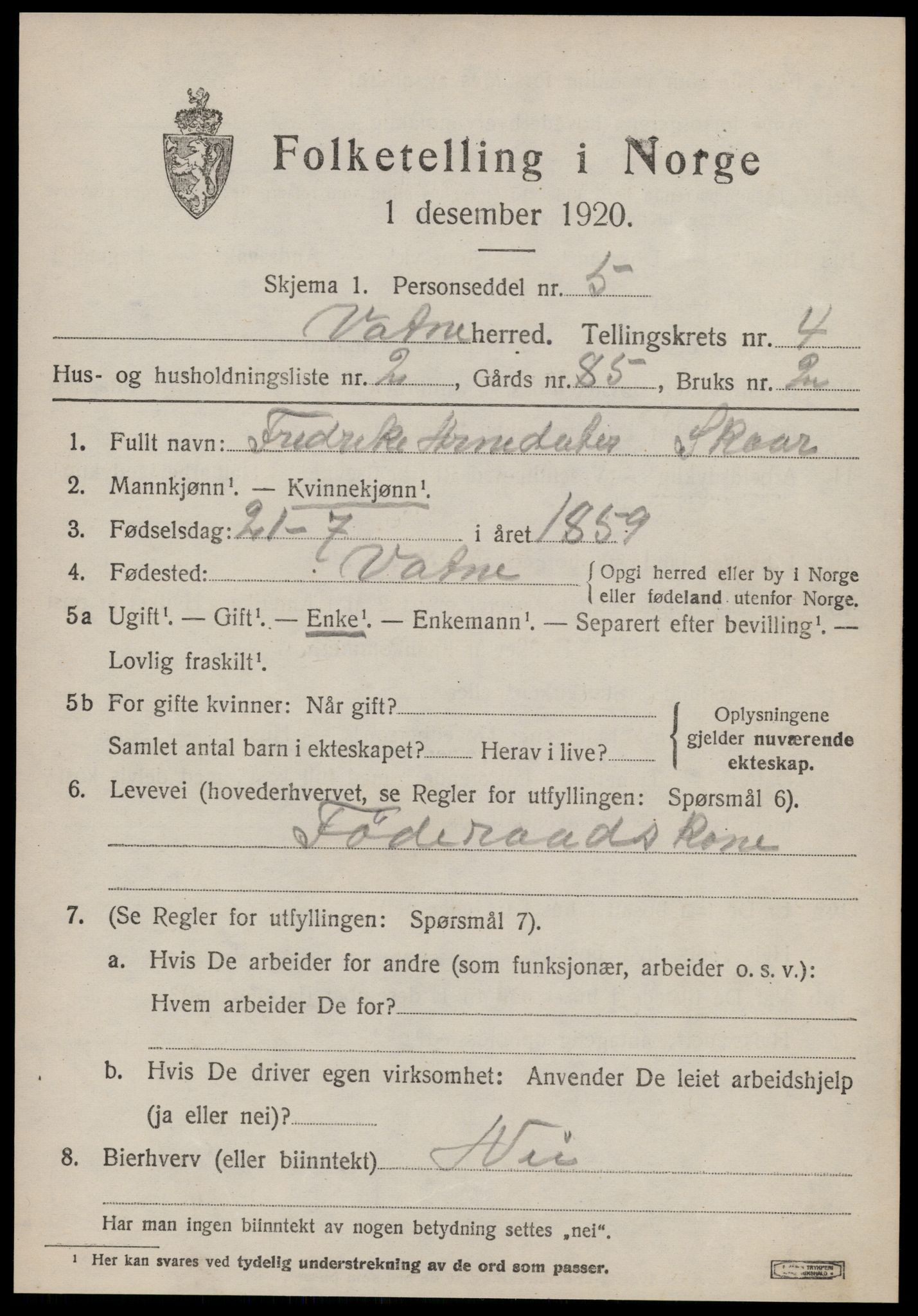 SAT, 1920 census for Vatne, 1920, p. 1836
