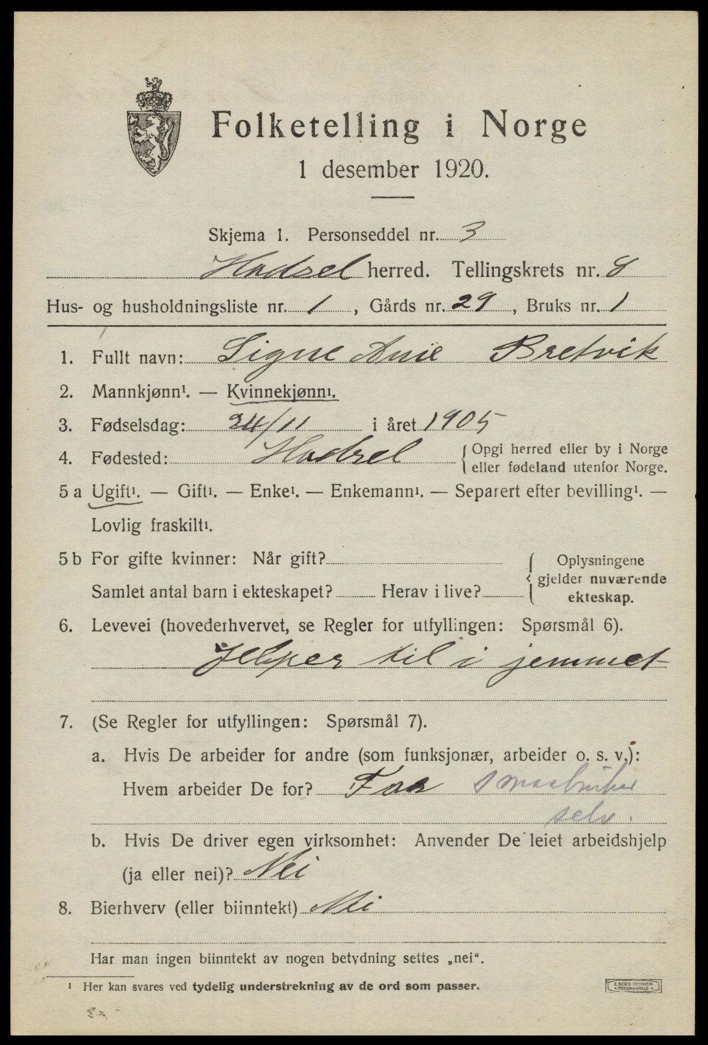 SAT, 1920 census for Hadsel, 1920, p. 7398