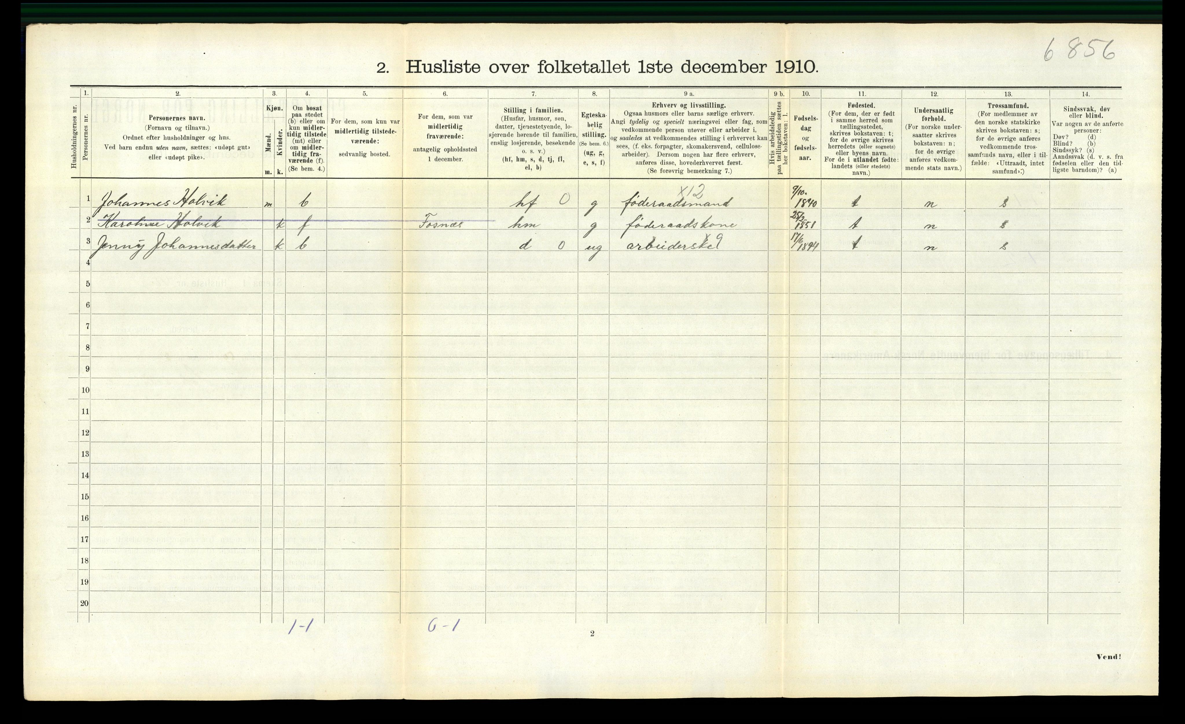 RA, 1910 census for Fosnes, 1910, p. 258