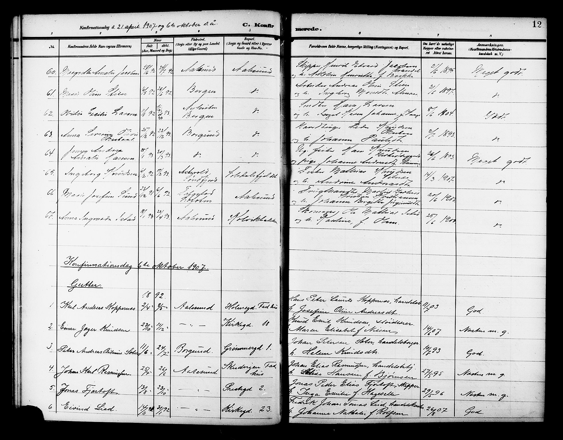 Ministerialprotokoller, klokkerbøker og fødselsregistre - Møre og Romsdal, AV/SAT-A-1454/529/L0470: Parish register (copy) no. 529C07, 1907-1917, p. 12