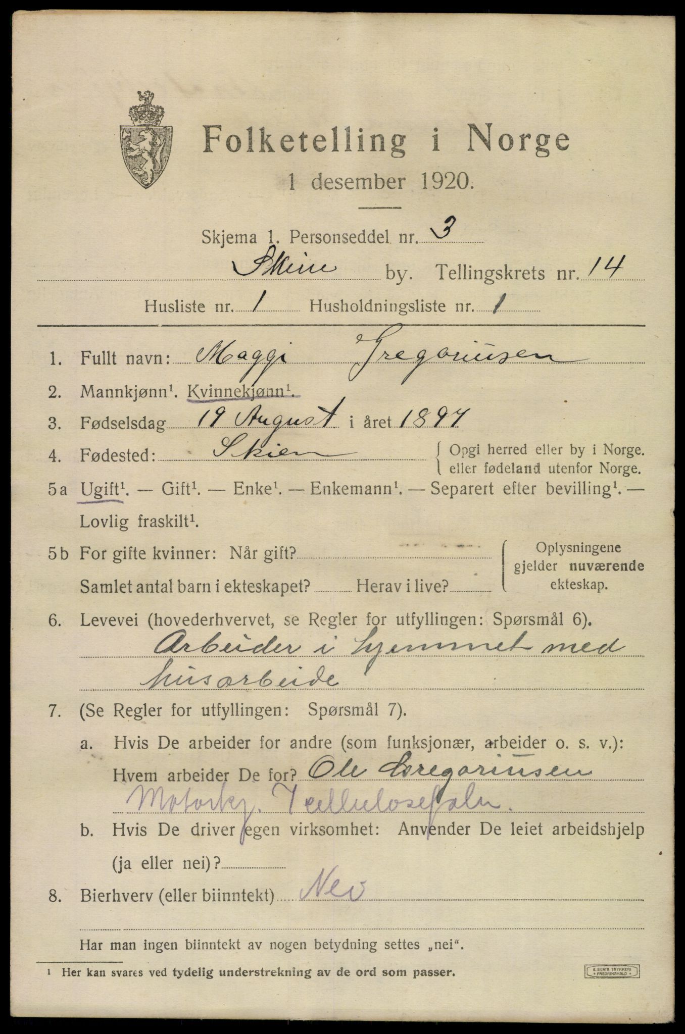 SAKO, 1920 census for Skien, 1920, p. 41506