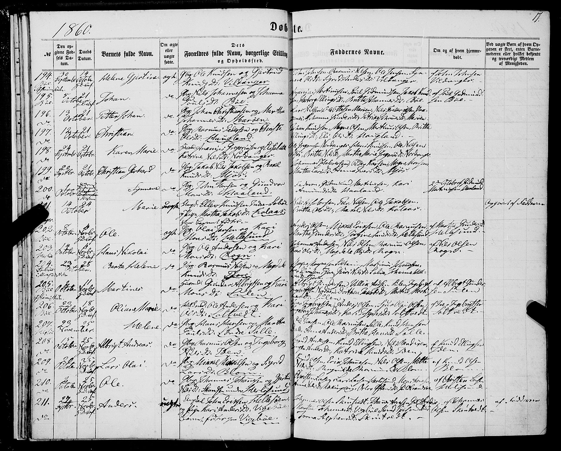 Manger sokneprestembete, AV/SAB-A-76801/H/Haa: Parish register (official) no. A 7, 1860-1870, p. 17