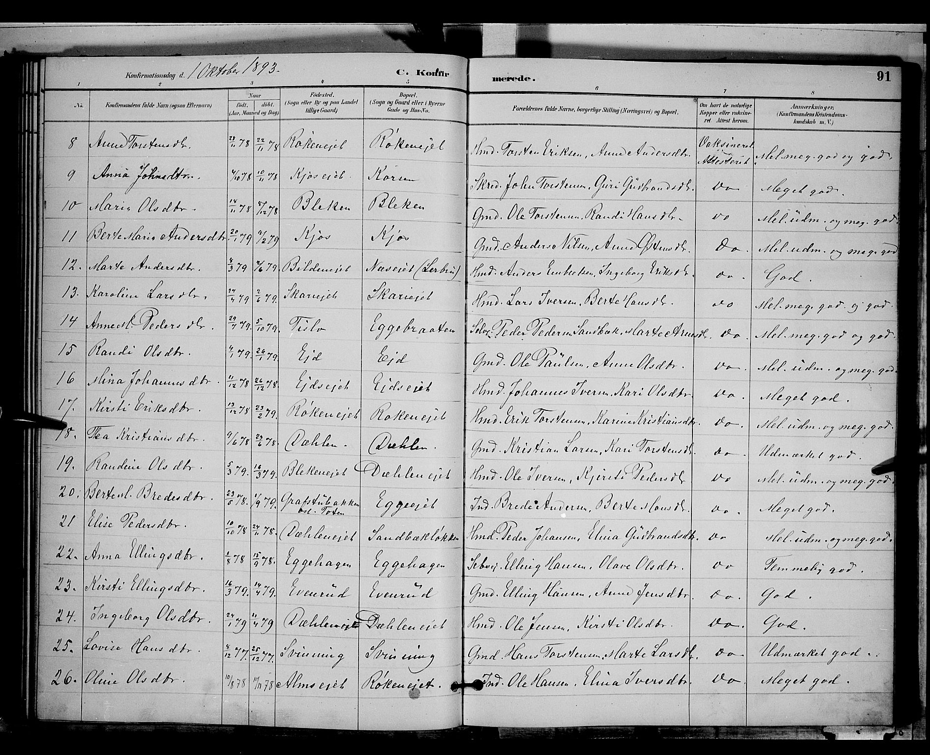 Gran prestekontor, SAH/PREST-112/H/Ha/Hab/L0004: Parish register (copy) no. 4, 1890-1899, p. 91