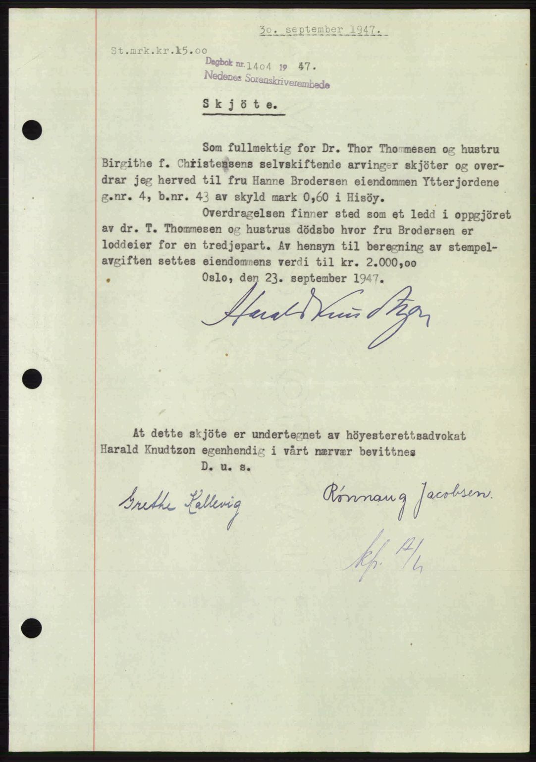 Nedenes sorenskriveri, SAK/1221-0006/G/Gb/Gba/L0058: Mortgage book no. A10, 1947-1948, Diary no: : 1404/1947