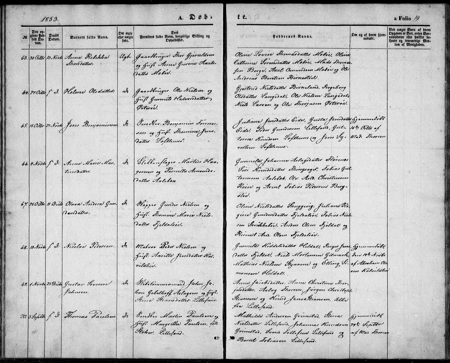 Vestre Moland sokneprestkontor, SAK/1111-0046/F/Fb/Fbb/L0003: Parish register (copy) no. B 3, 1851-1861, p. 19