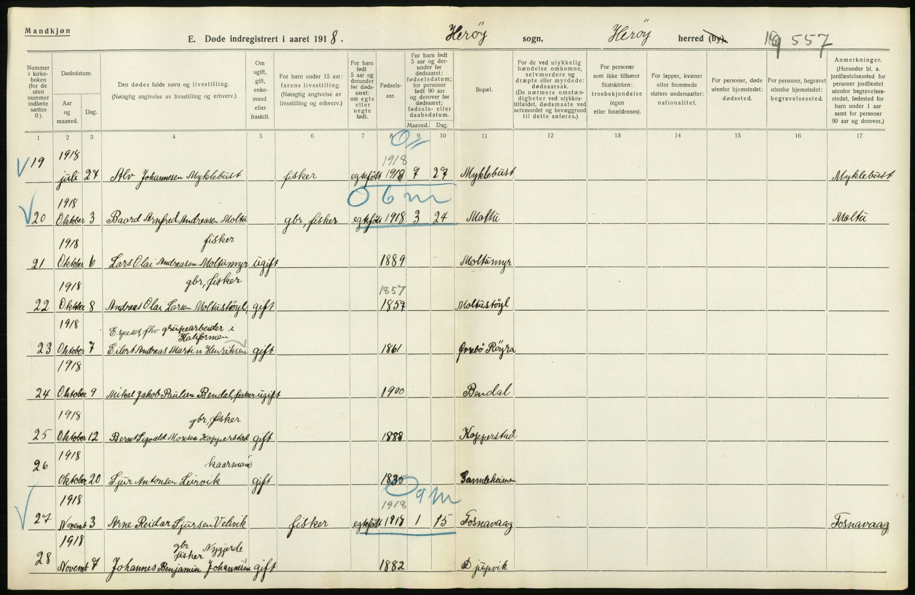 Statistisk sentralbyrå, Sosiodemografiske emner, Befolkning, RA/S-2228/D/Df/Dfb/Dfbh/L0045: Møre fylke: Døde. Bygder og byer., 1918, p. 304