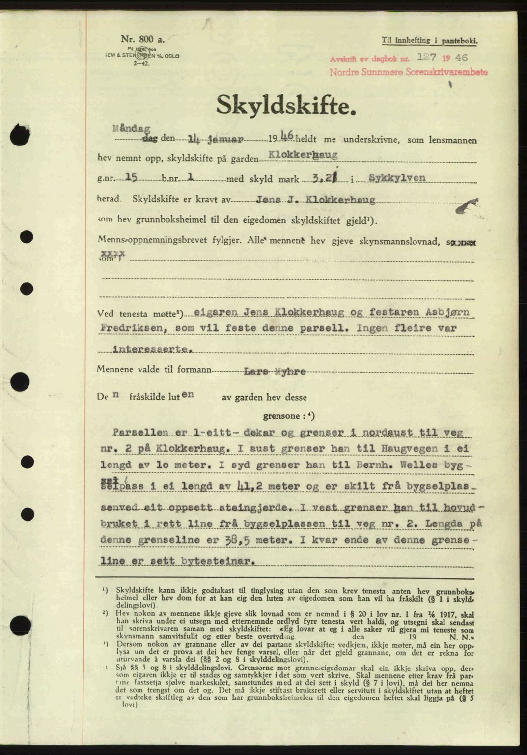 Nordre Sunnmøre sorenskriveri, AV/SAT-A-0006/1/2/2C/2Ca: Mortgage book no. A20b, 1946-1946, Diary no: : 127/1946