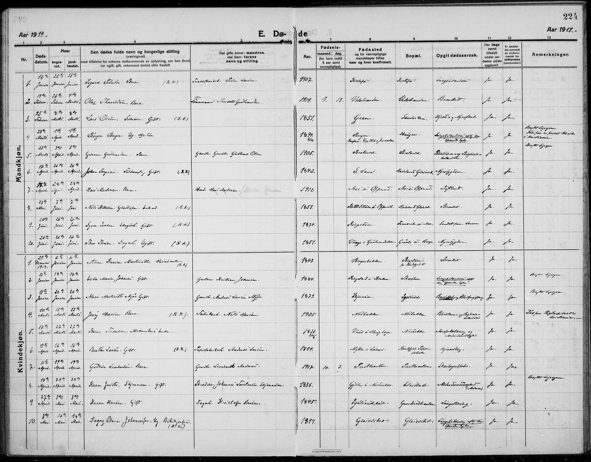 Jevnaker prestekontor, SAH/PREST-116/H/Ha/Haa/L0012: Parish register (official) no. 12, 1914-1924, p. 224
