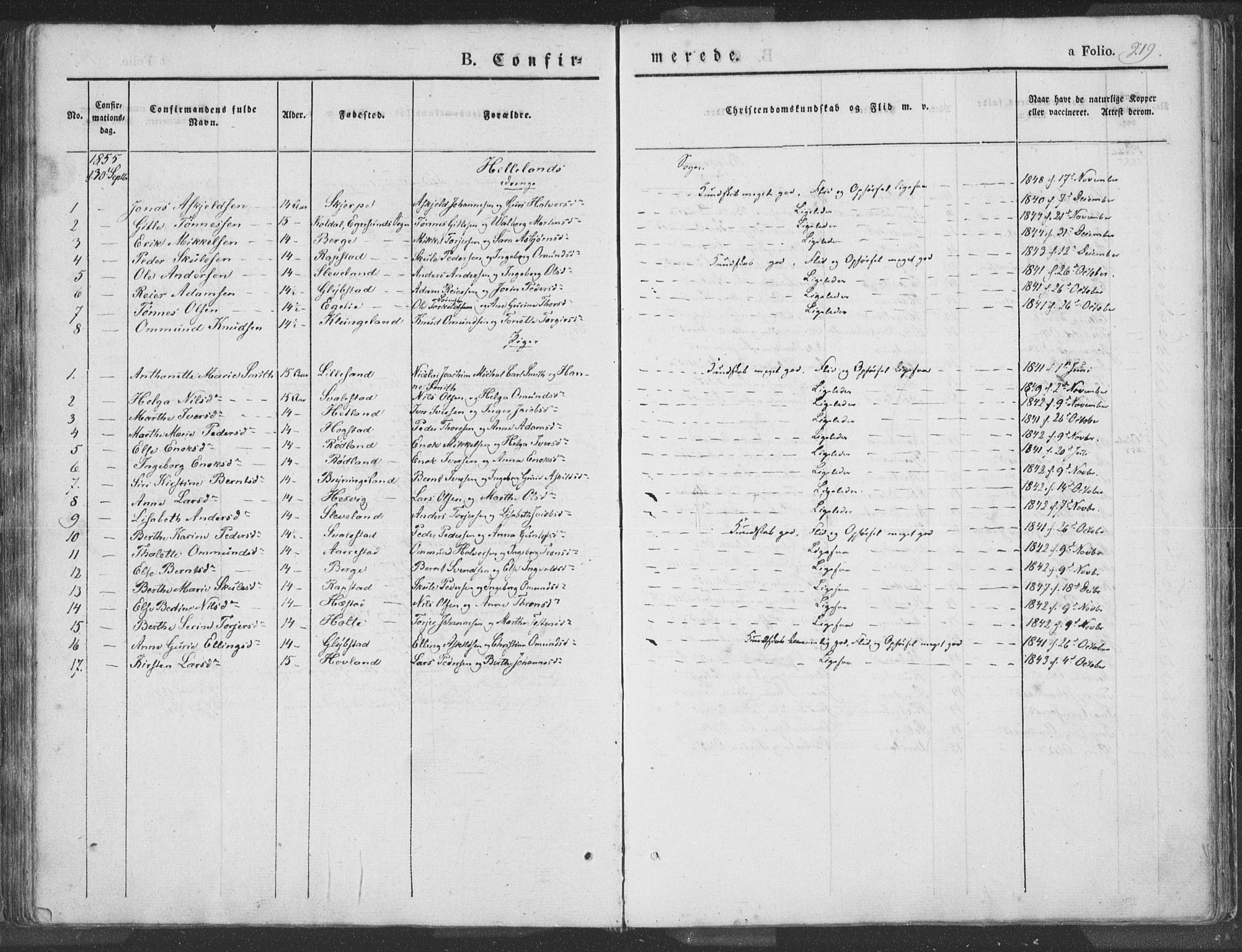 Helleland sokneprestkontor, SAST/A-101810: Parish register (official) no. A 6.1, 1834-1863, p. 219