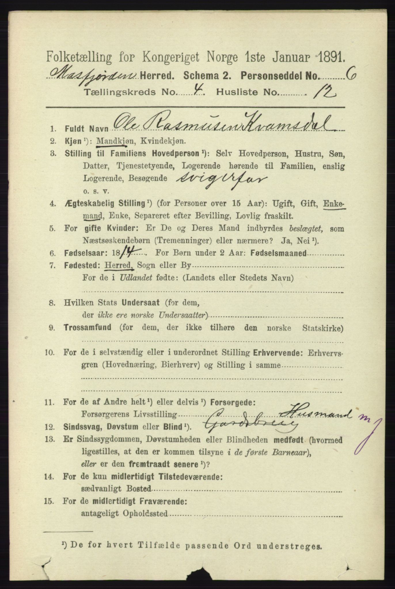 RA, 1891 census for 1266 Masfjorden, 1891, p. 827