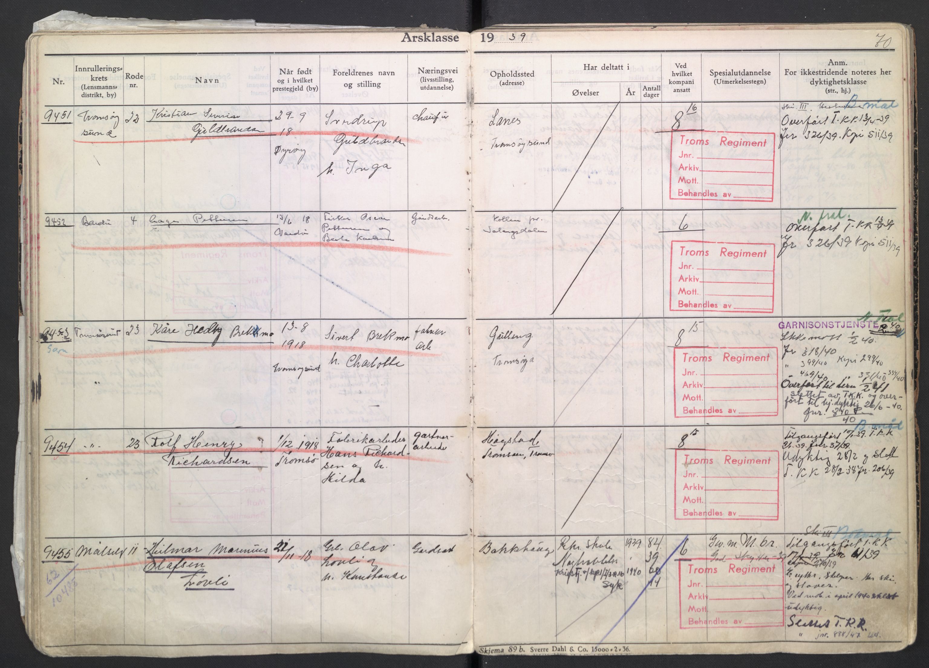 Forsvaret, Troms infanteriregiment nr. 16, AV/RA-RAFA-3146/P/Pa/L0007/0004: Ruller / Rulle for regimentets menige mannskaper, årsklasse 1939, 1939, p. 70