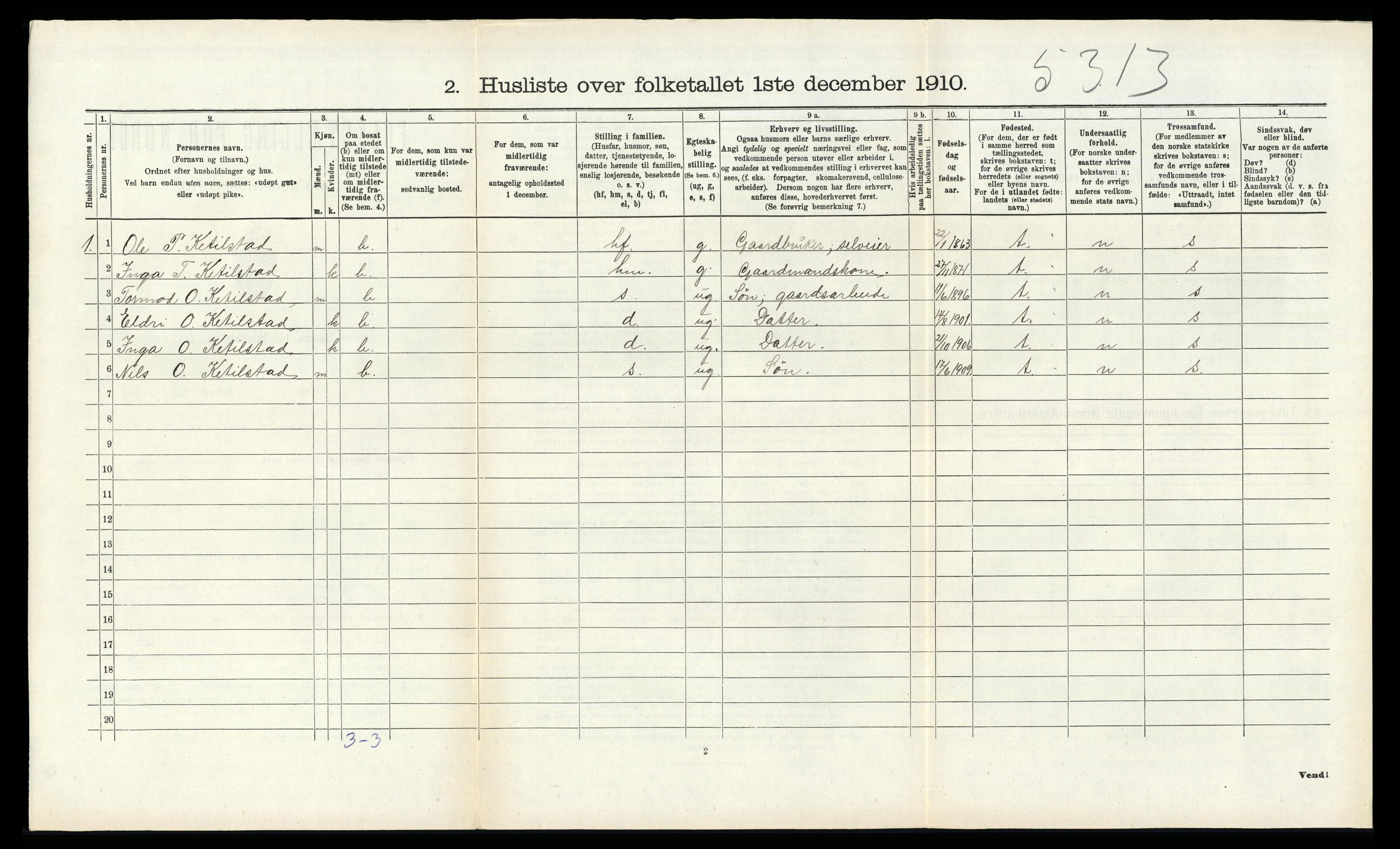 RA, 1910 census for Suldal, 1910, p. 412